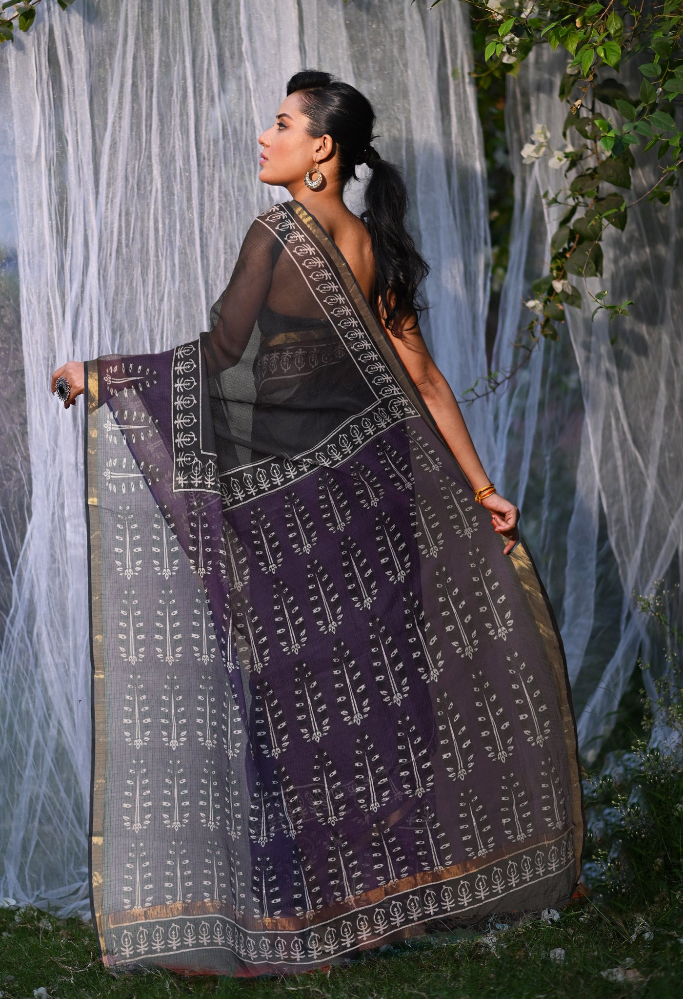 Black-Violet Pure Bagru Block Printed Kota Saree-UNM82032