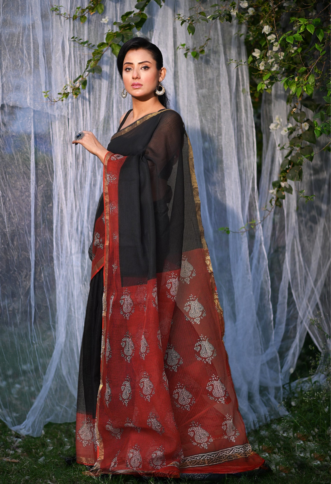 Black-Red Pure Bagru Block Printed Kota Saree-UNM82037