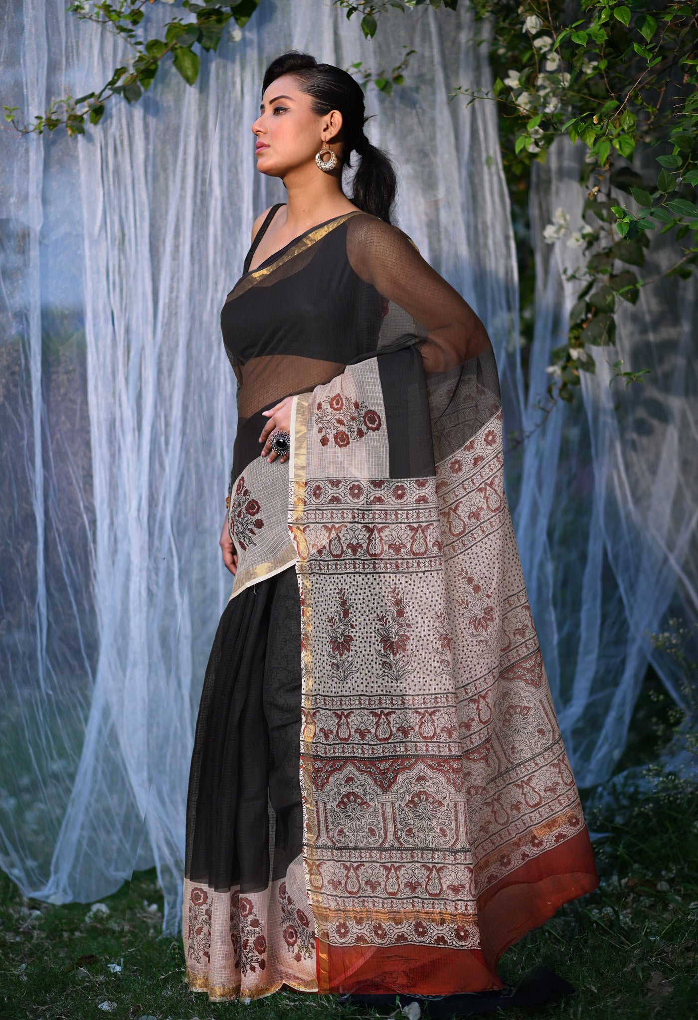 Black-Beige Pure Bagru Block Printed Kota Saree-UNM82038