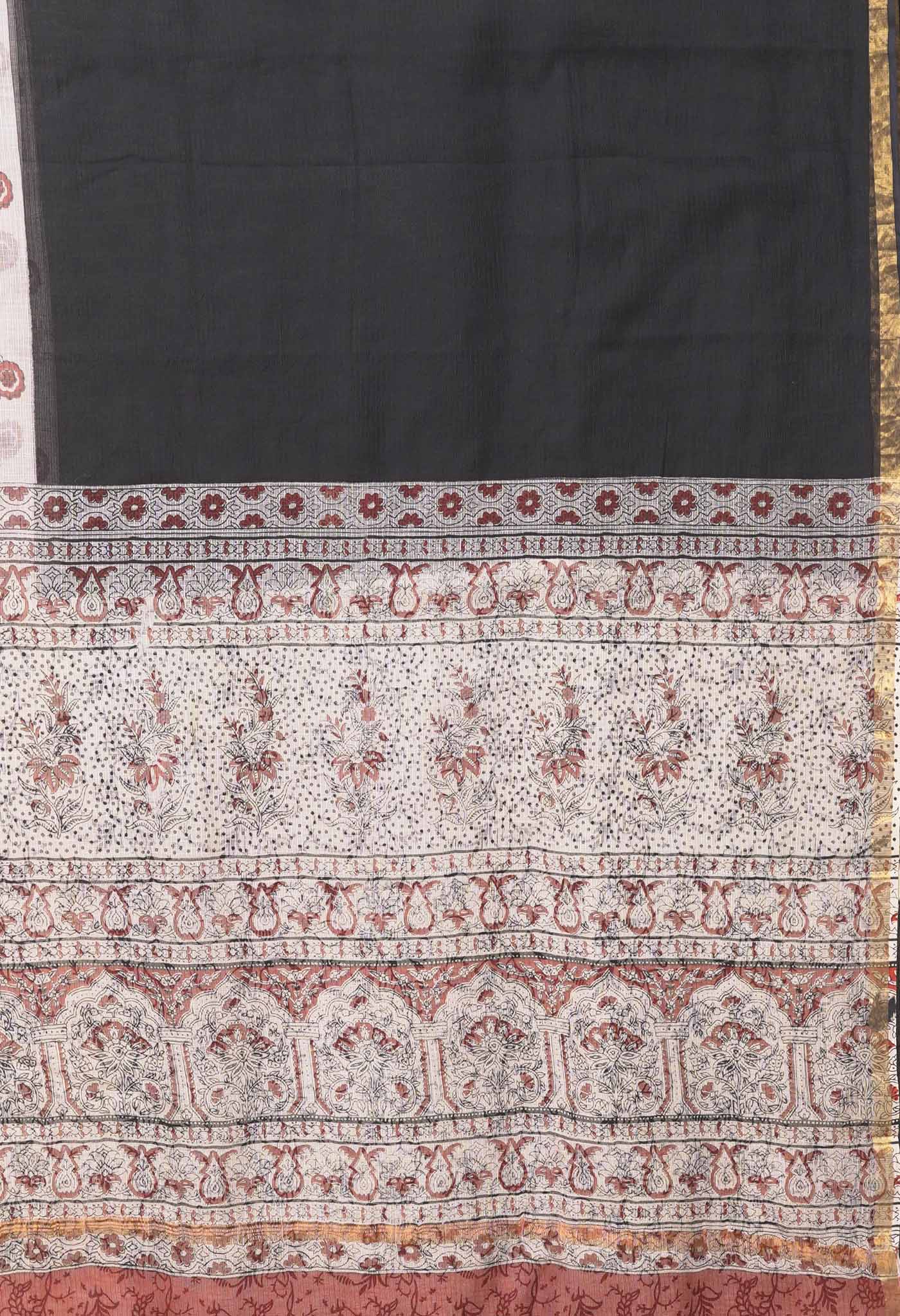 Black-Beige Pure Bagru Block Printed Kota Saree-UNM82038