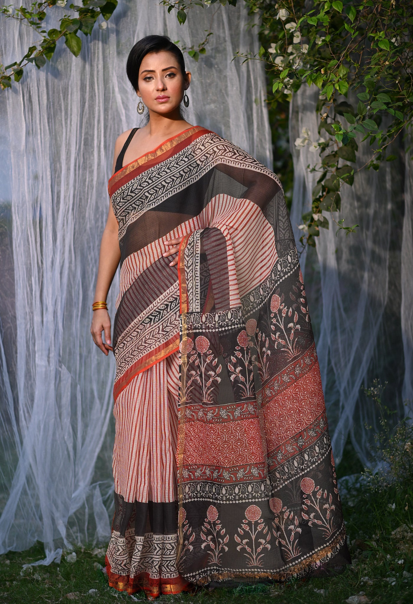 Beige-Black Pure Bagru Block Printed Kota Saree-UNM82039