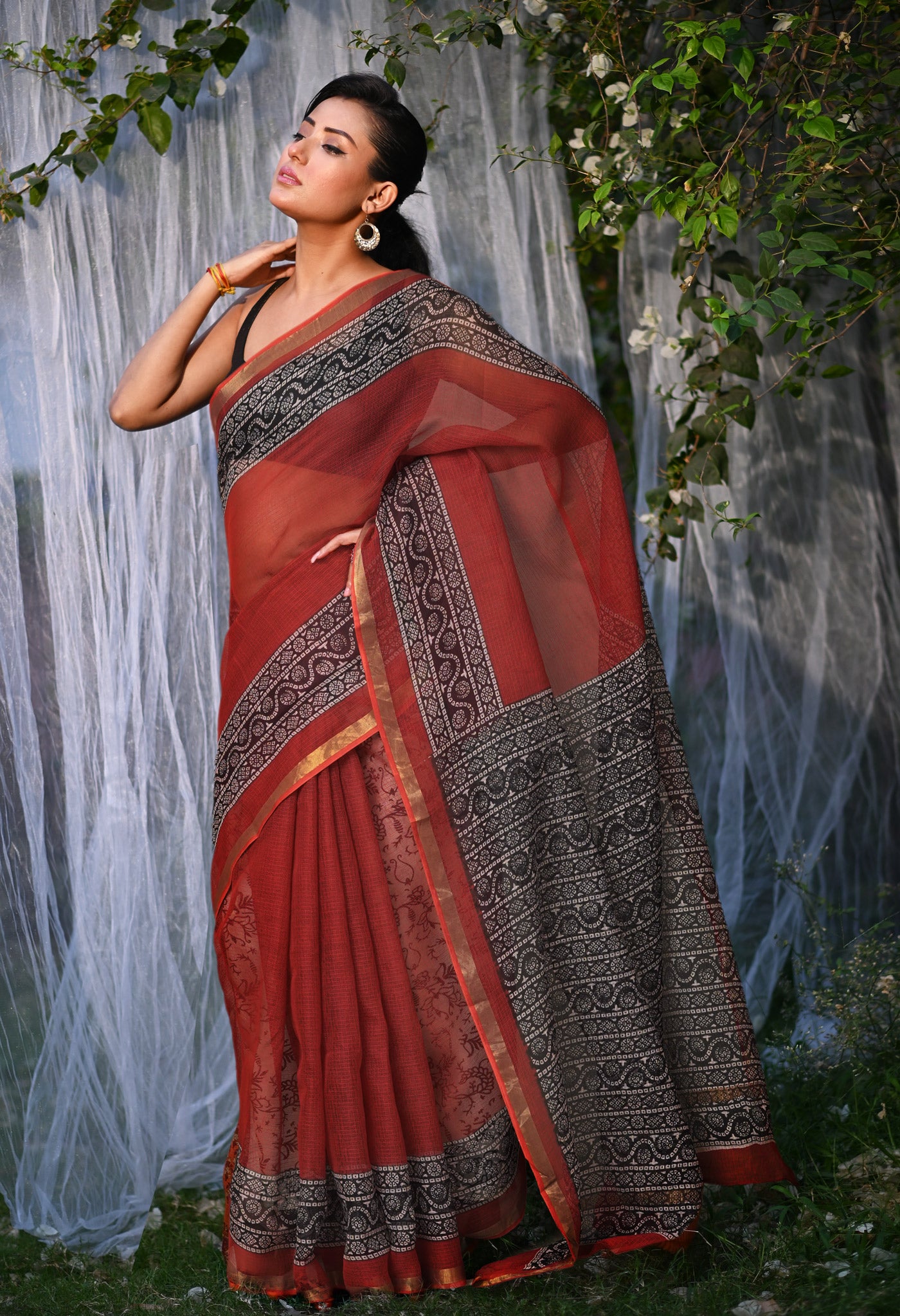 Red-Black Pure Bagru Block Printed Kota Saree-UNM82040