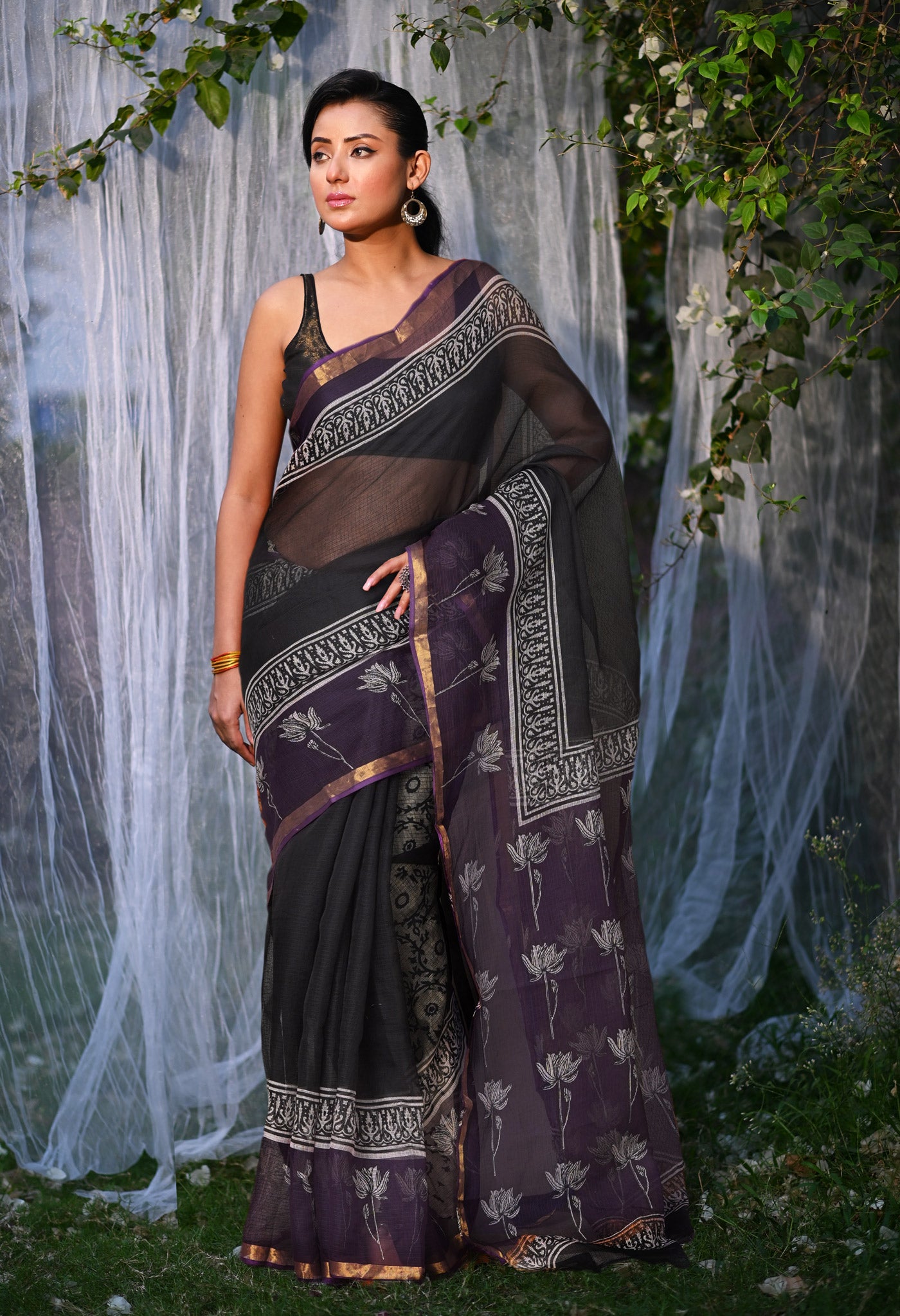Black-Violet Pure Bagru Block Printed Kota Saree-UNM82041