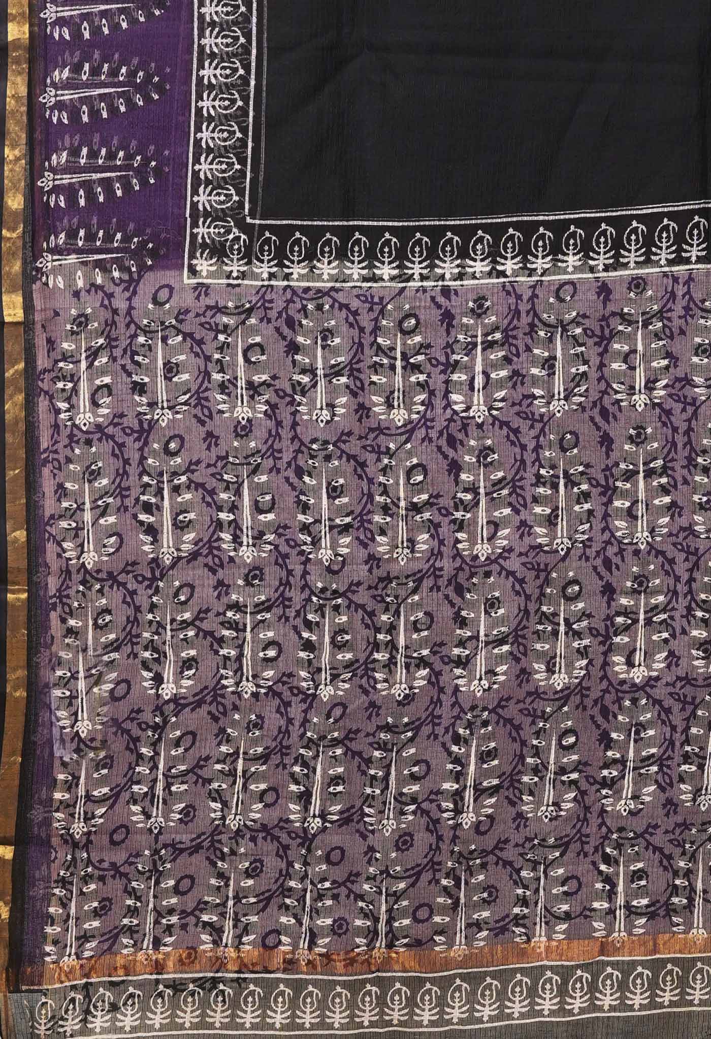 Black-Violet Pure Bagru Block Printed Kota Saree-UNM82042