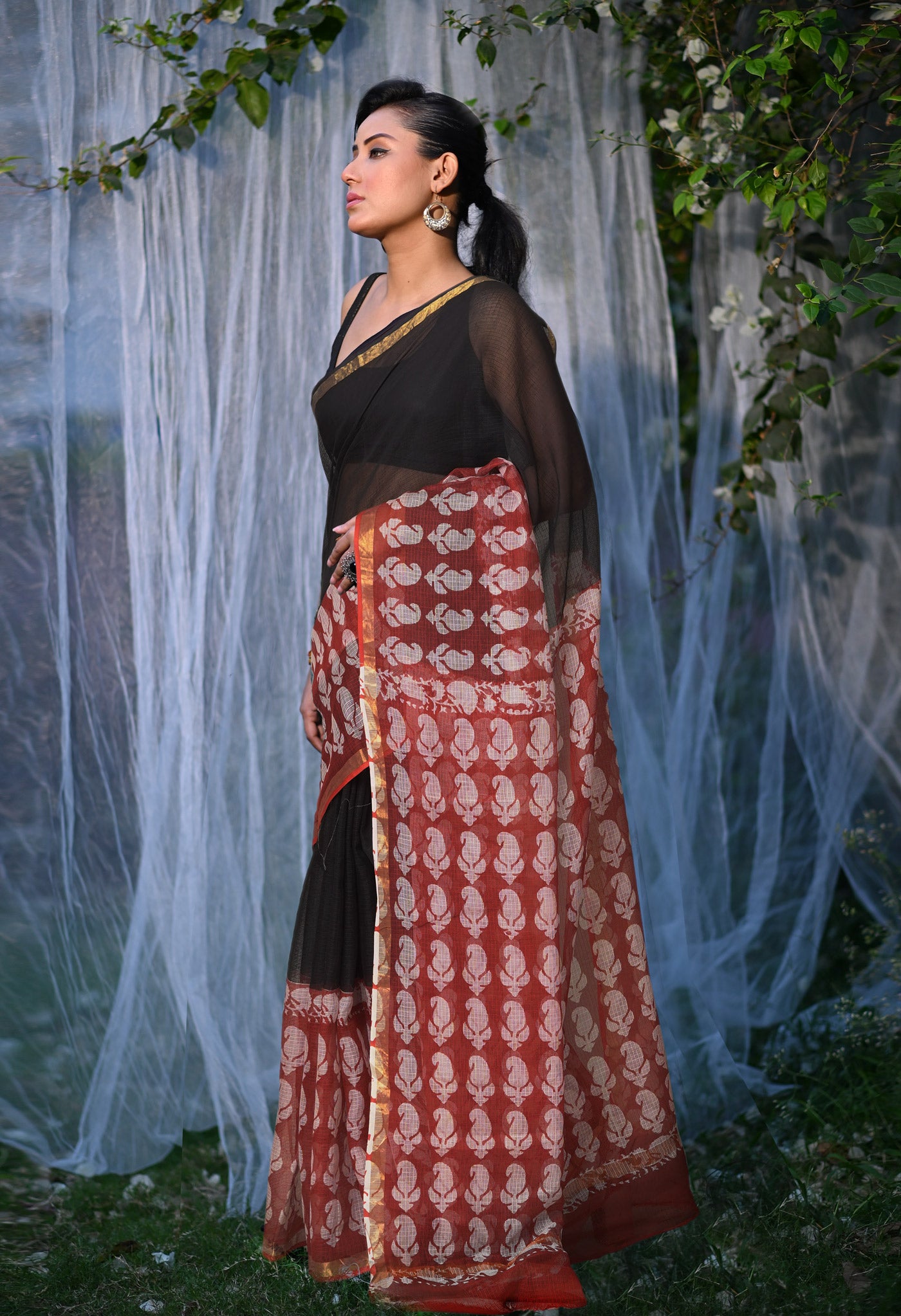 Black-Red Pure Bagru Block Printed Kota Saree-UNM82043