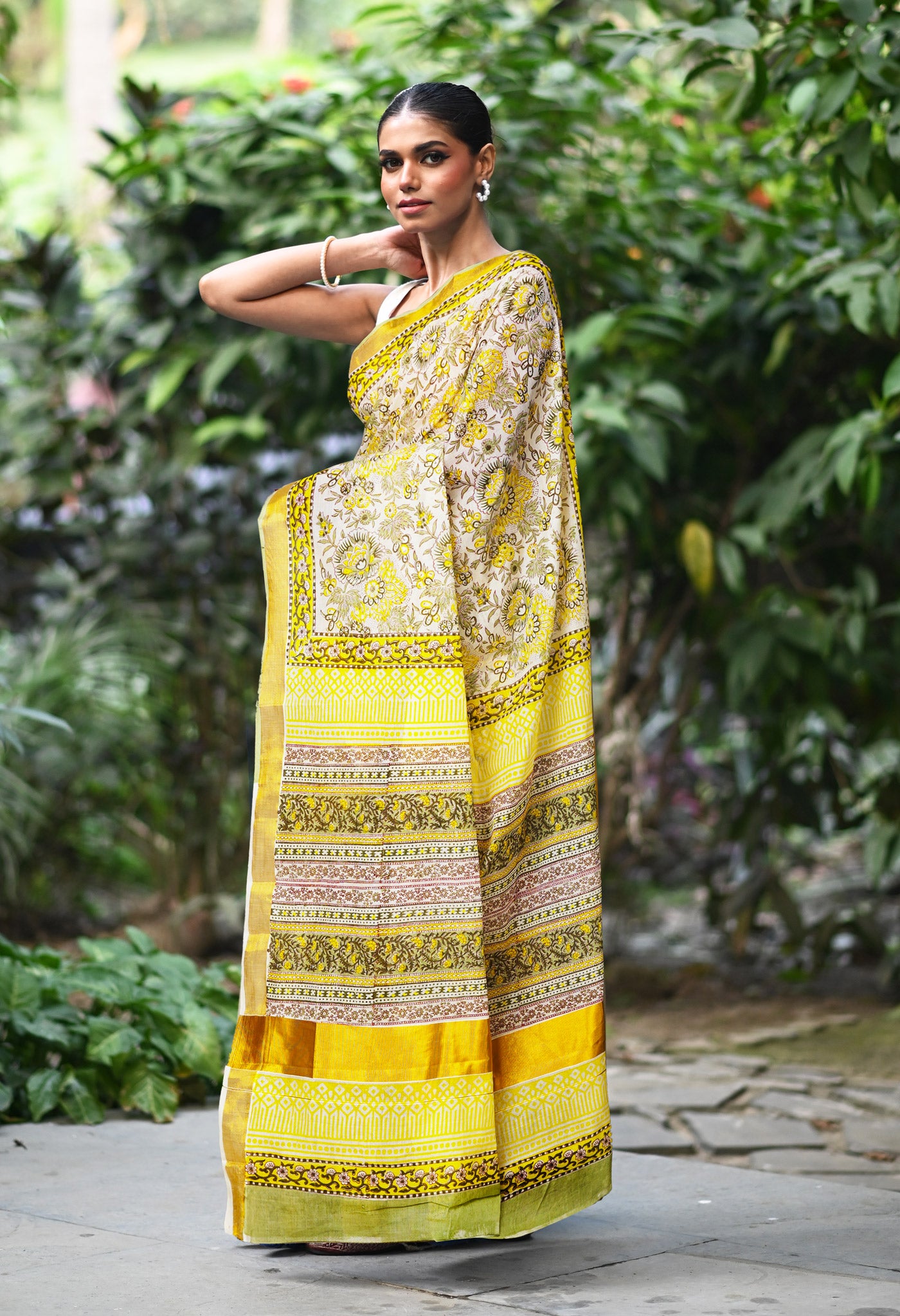 White-Green Pure Hand Block Printed Soft Mulmul  Cotton Saree-UNM82044