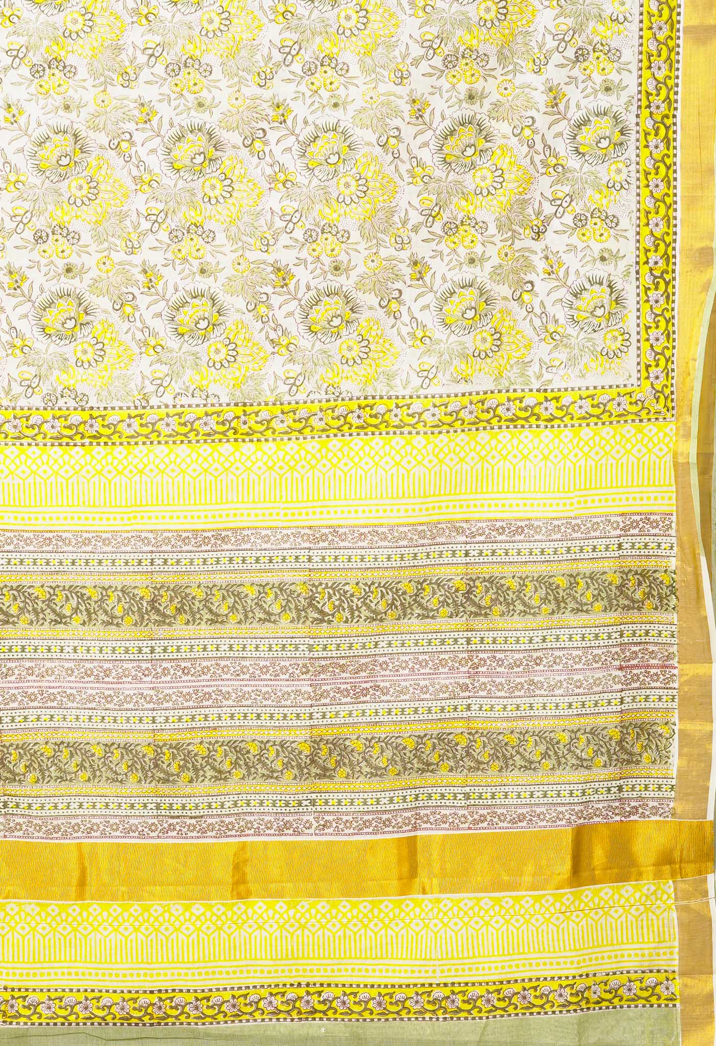 White-Green Pure Hand Block Printed Soft Mulmul  Cotton Saree-UNM82044