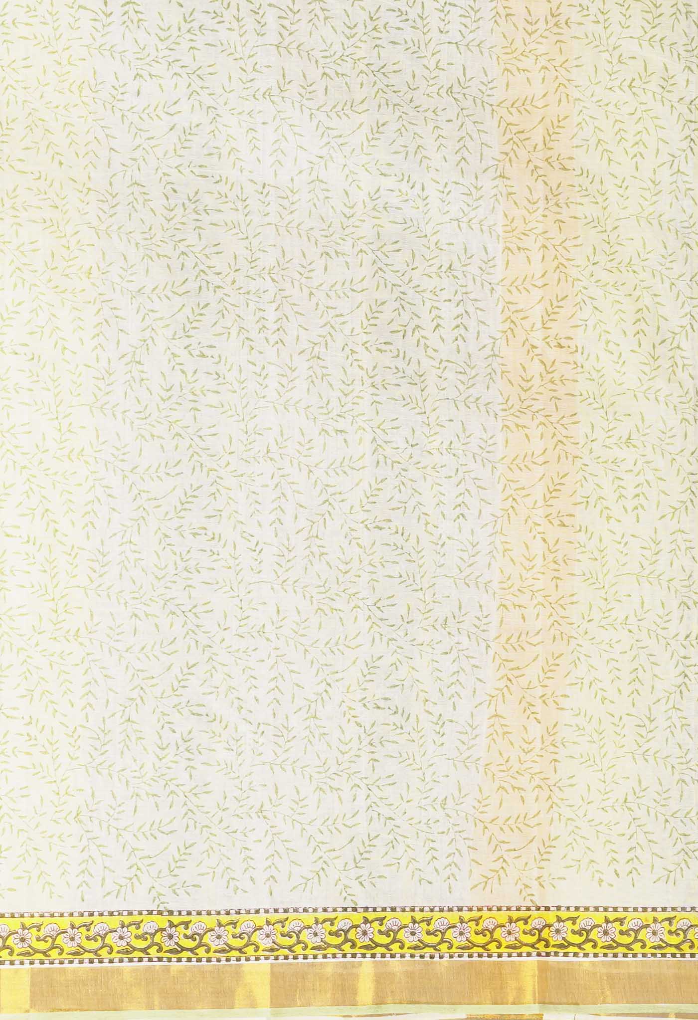 White-Green Pure Hand Block Printed Soft Mulmul Cotton Saree-UNM82044