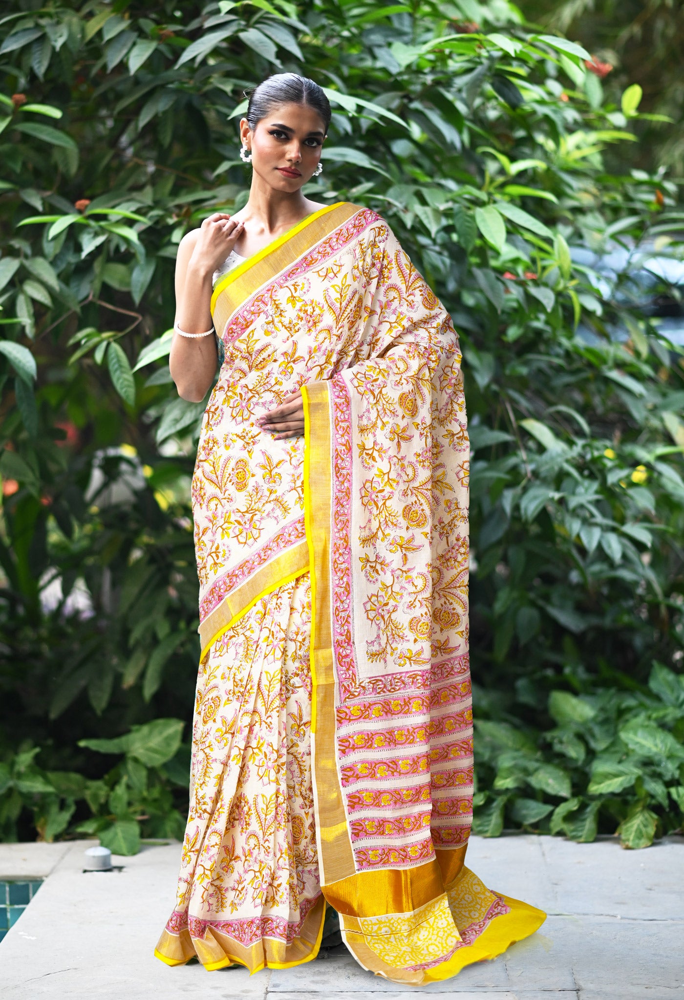 White-Yellow Pure Hand Block Printed Soft Mulmul  Cotton Saree-UNM82045