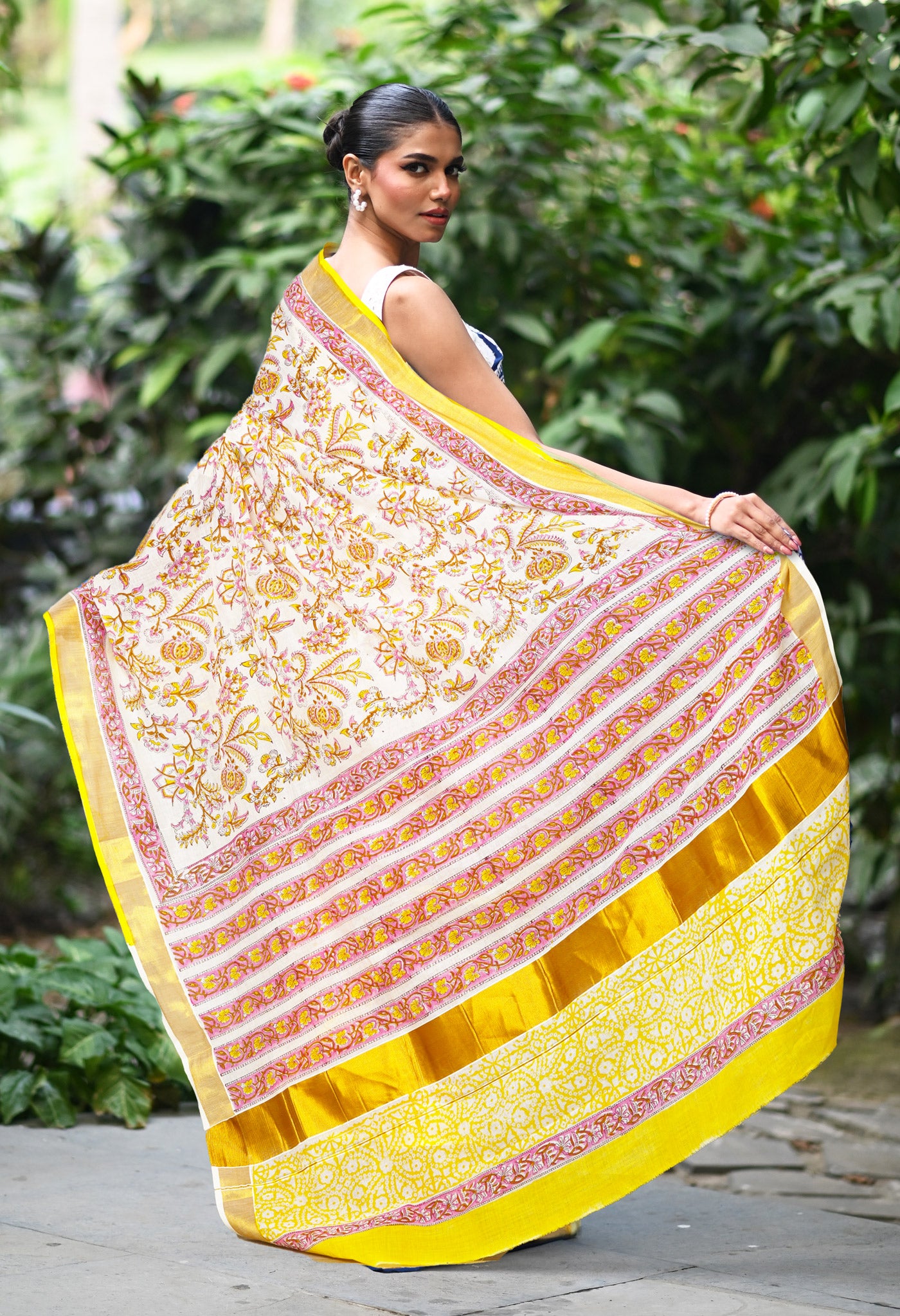White-Yellow Pure Hand Block Printed Soft Mulmul Cotton Saree-UNM82045