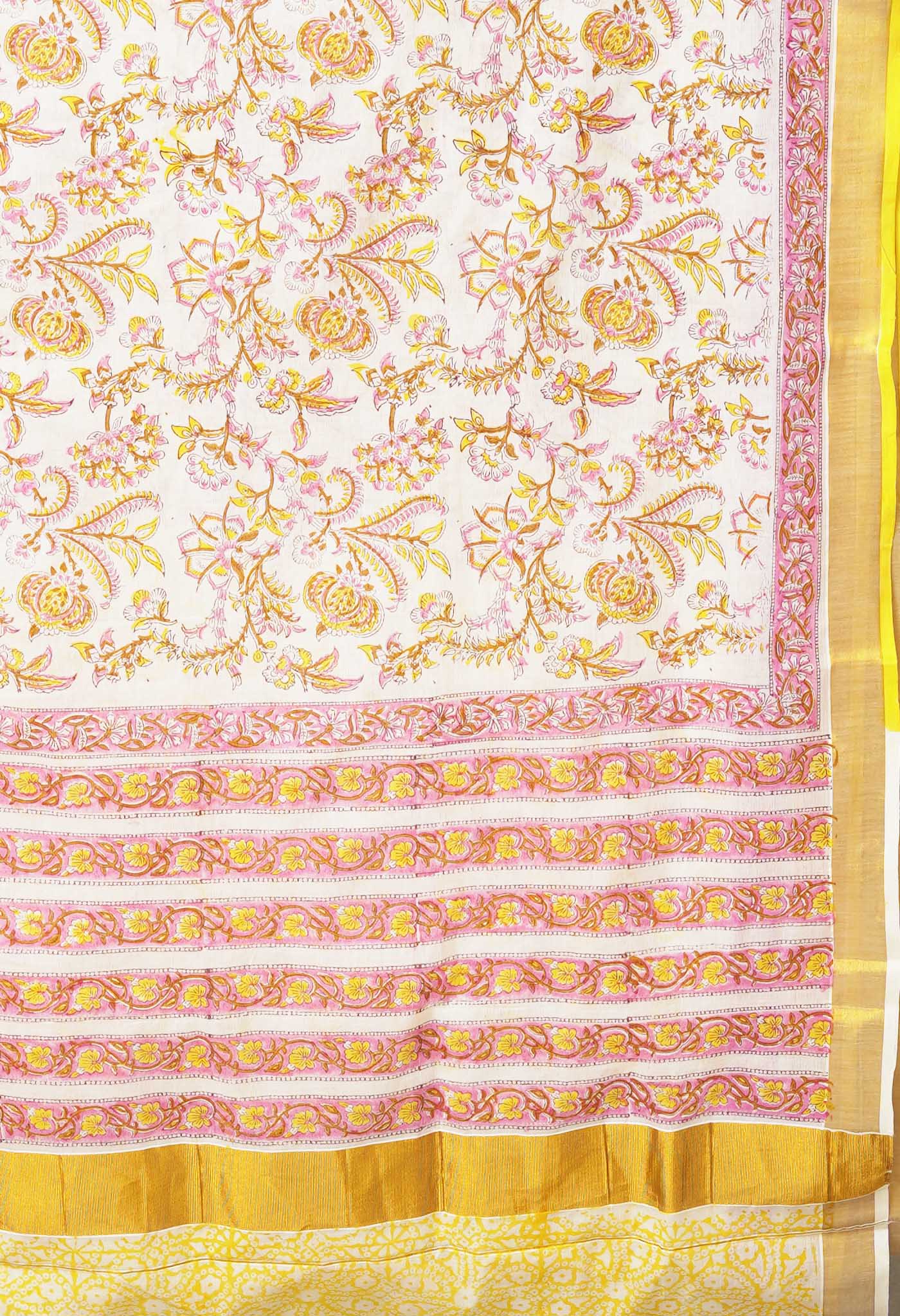 White-Yellow Pure Hand Block Printed Soft Mulmul  Cotton Saree-UNM82045