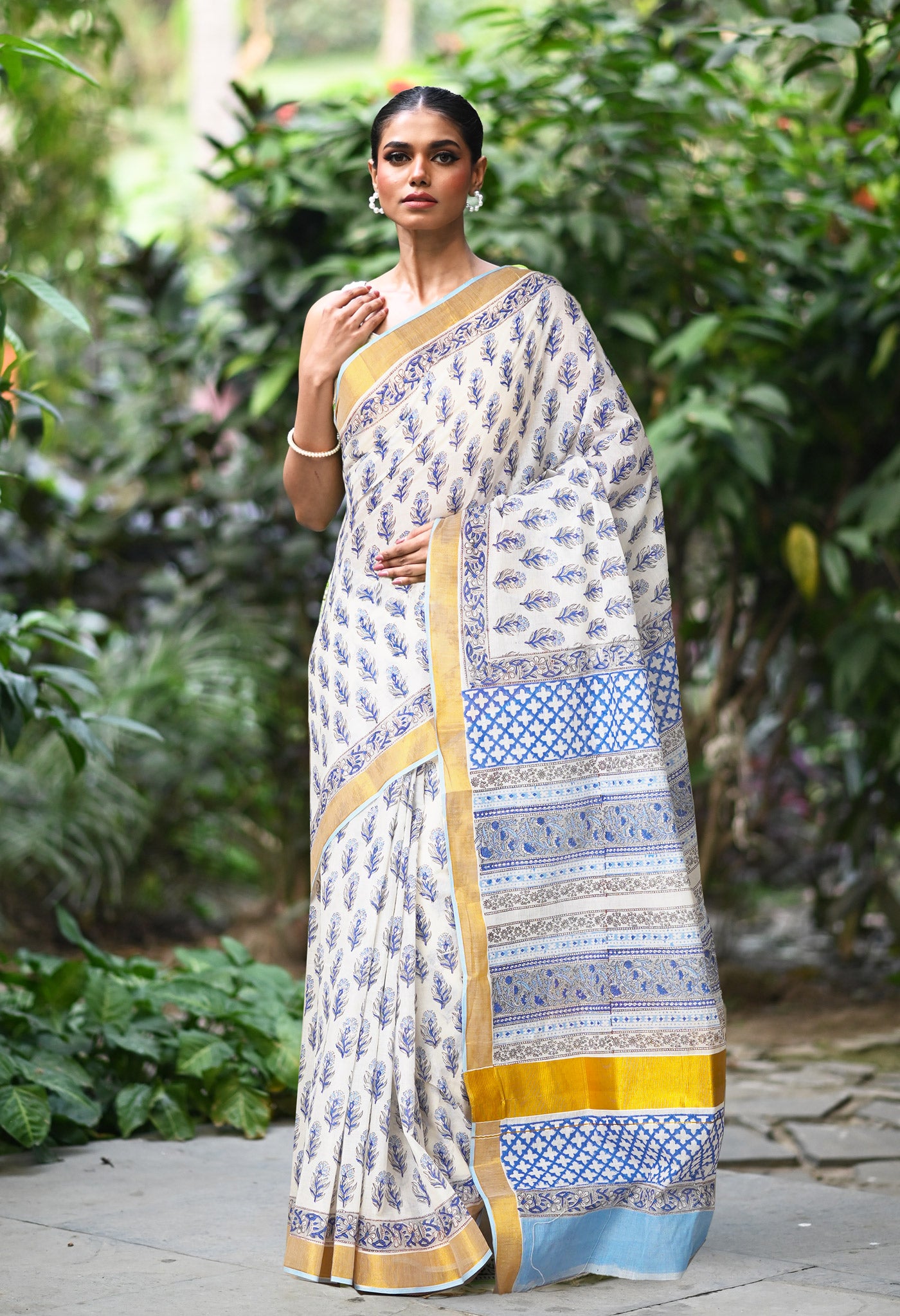 White-Blue Pure Hand Block Printed Soft Mulmul Cotton Saree-UNM82046