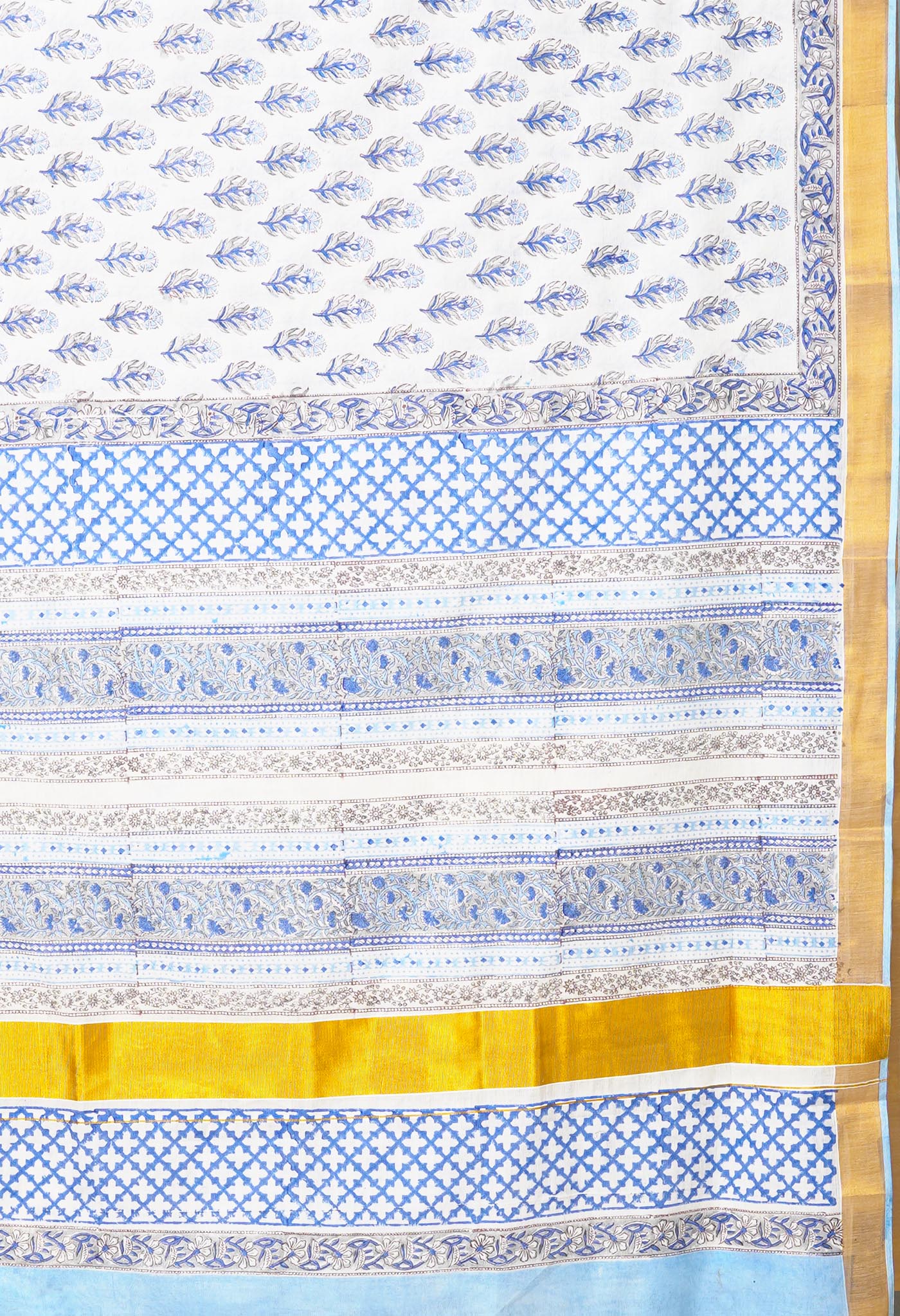 White-Blue Pure Hand Block Printed Soft Mulmul Cotton Saree-UNM82046