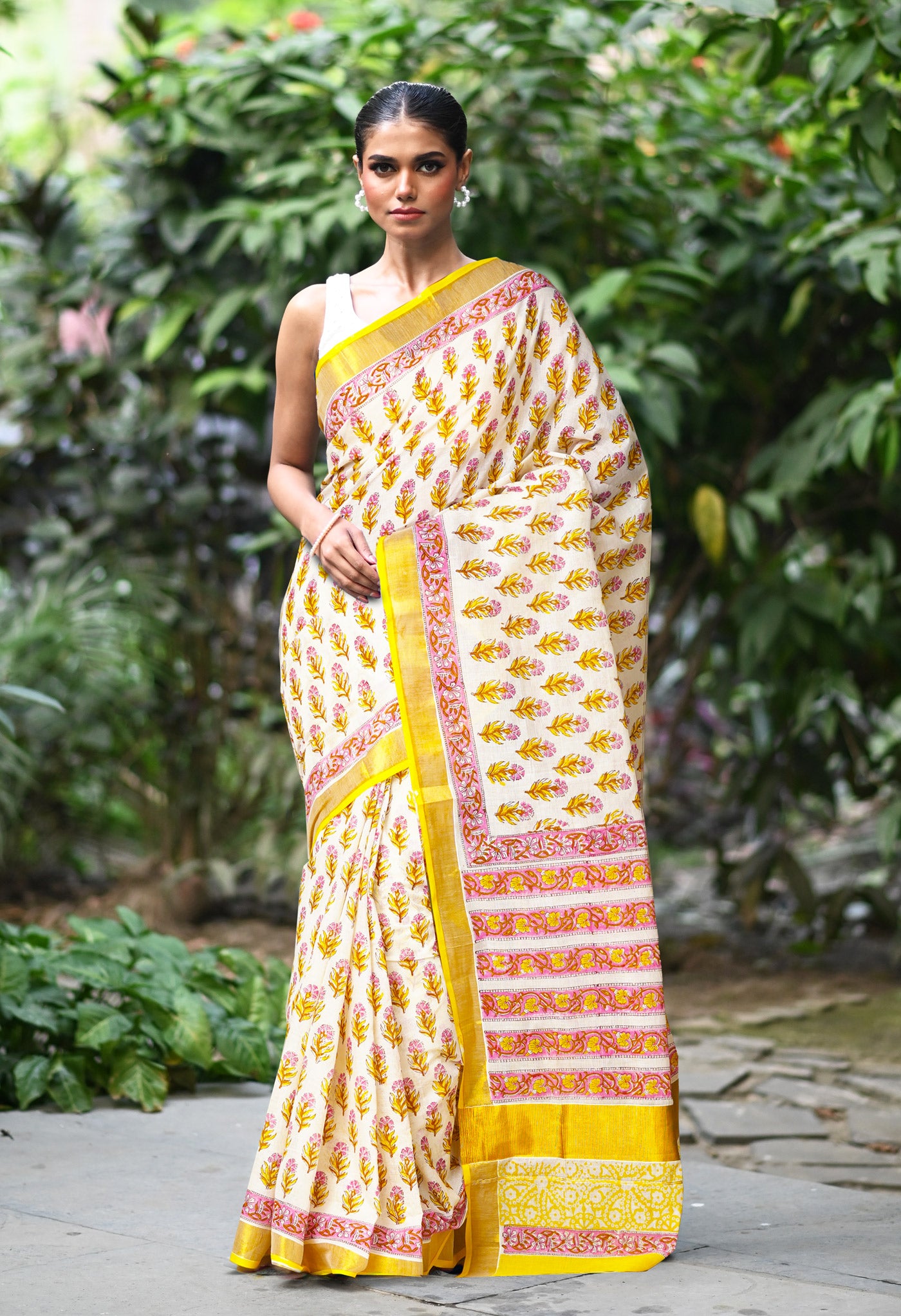 White-Yellow Pure Hand Block Printed Soft Mulmul  Cotton Saree-UNM82047