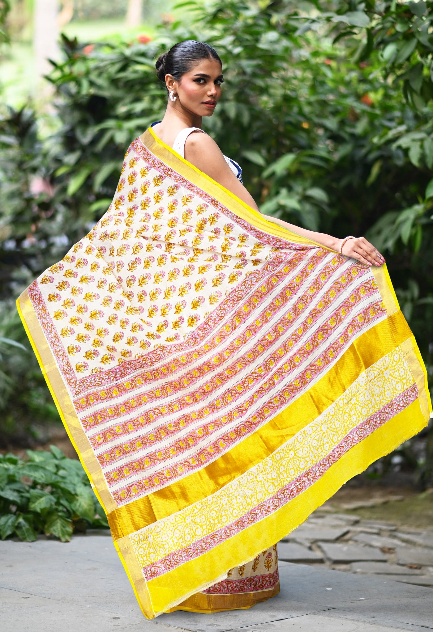 White-Yellow Pure Hand Block Printed Soft Mulmul Cotton Saree-UNM82047