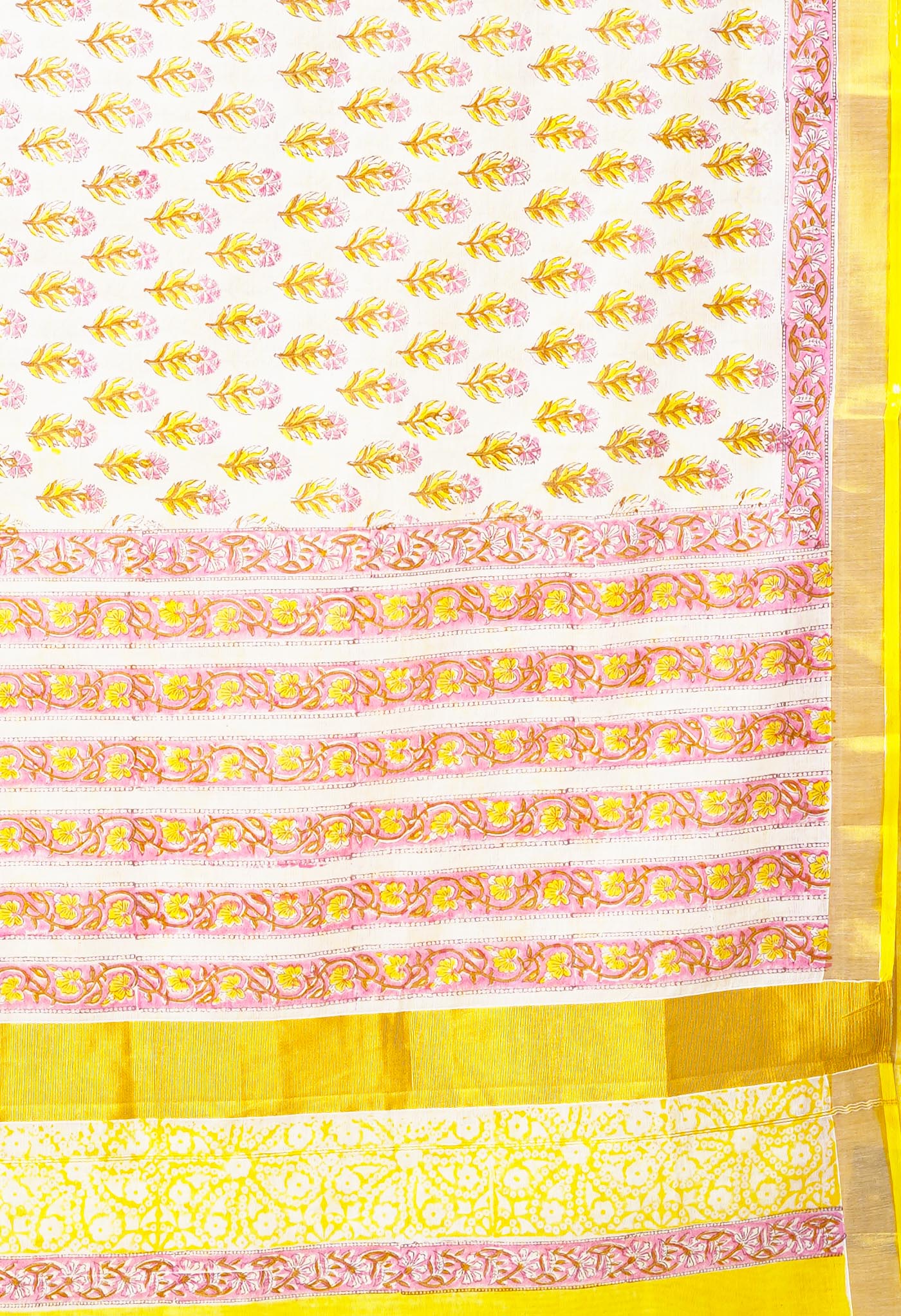 White-Yellow Pure Hand Block Printed Soft Mulmul  Cotton Saree-UNM82047