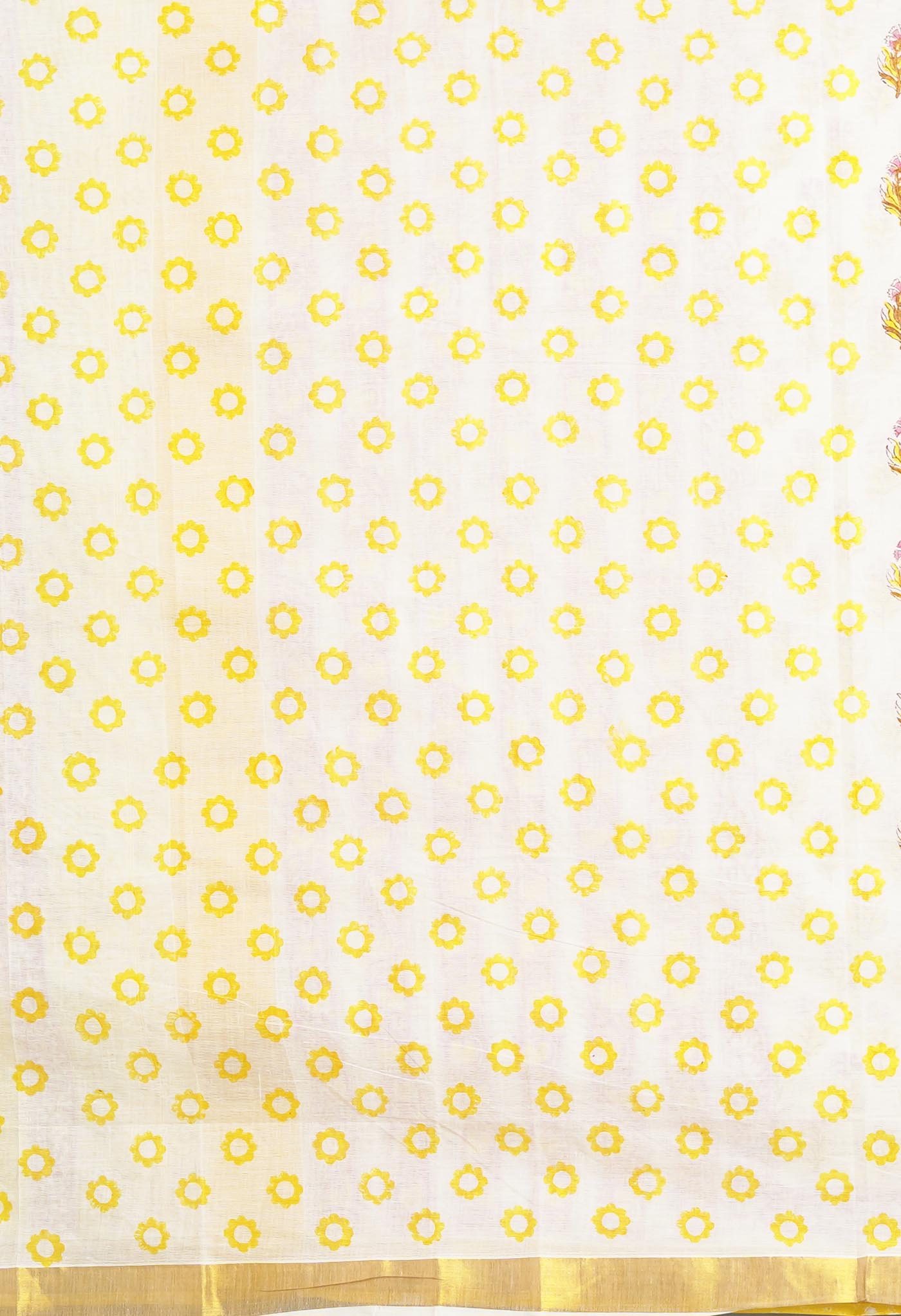 White-Yellow Pure Hand Block Printed Soft Mulmul Cotton Saree-UNM82047