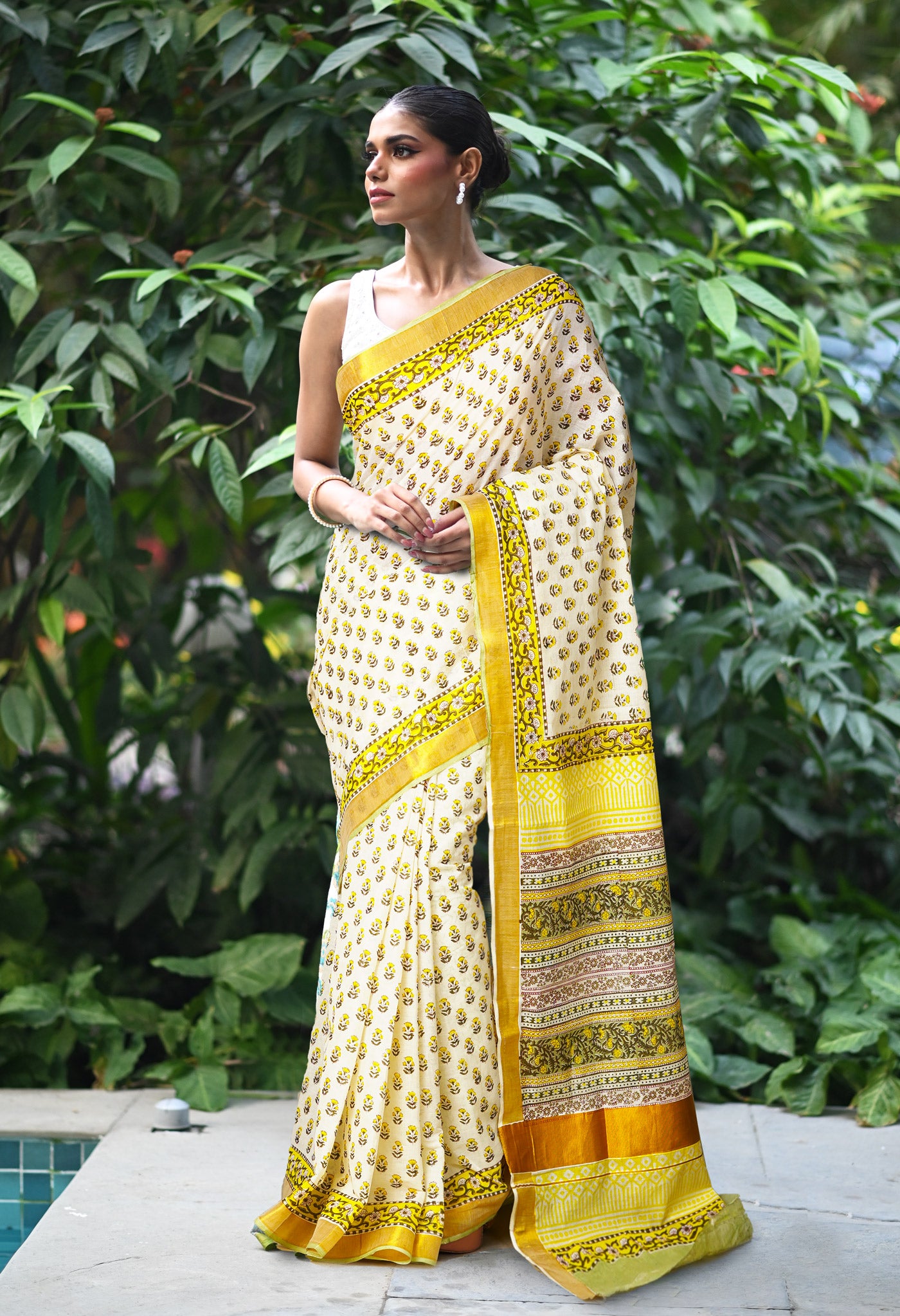 White-Green Pure Hand Block Printed Soft Mulmul Cotton Saree-UNM82048