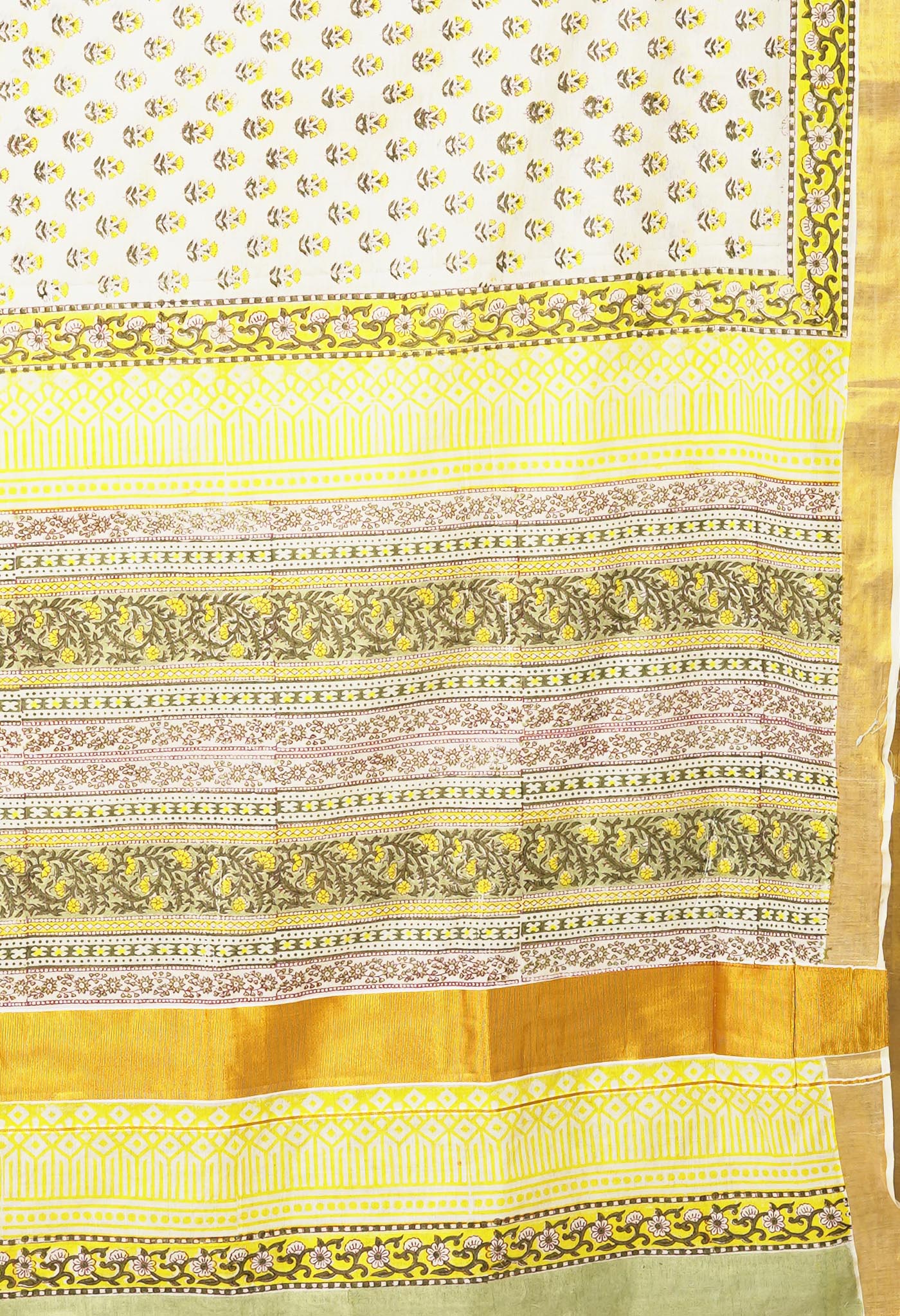 White-Green Pure Hand Block Printed Soft Mulmul Cotton Saree-UNM82048