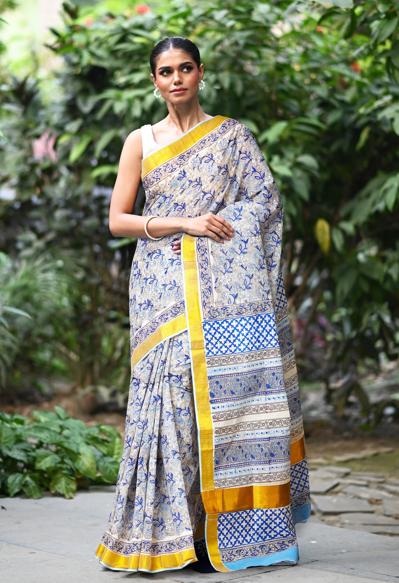 White-Blue Pure Hand Block Printed Soft Mulmul Cotton Saree-UNM82049