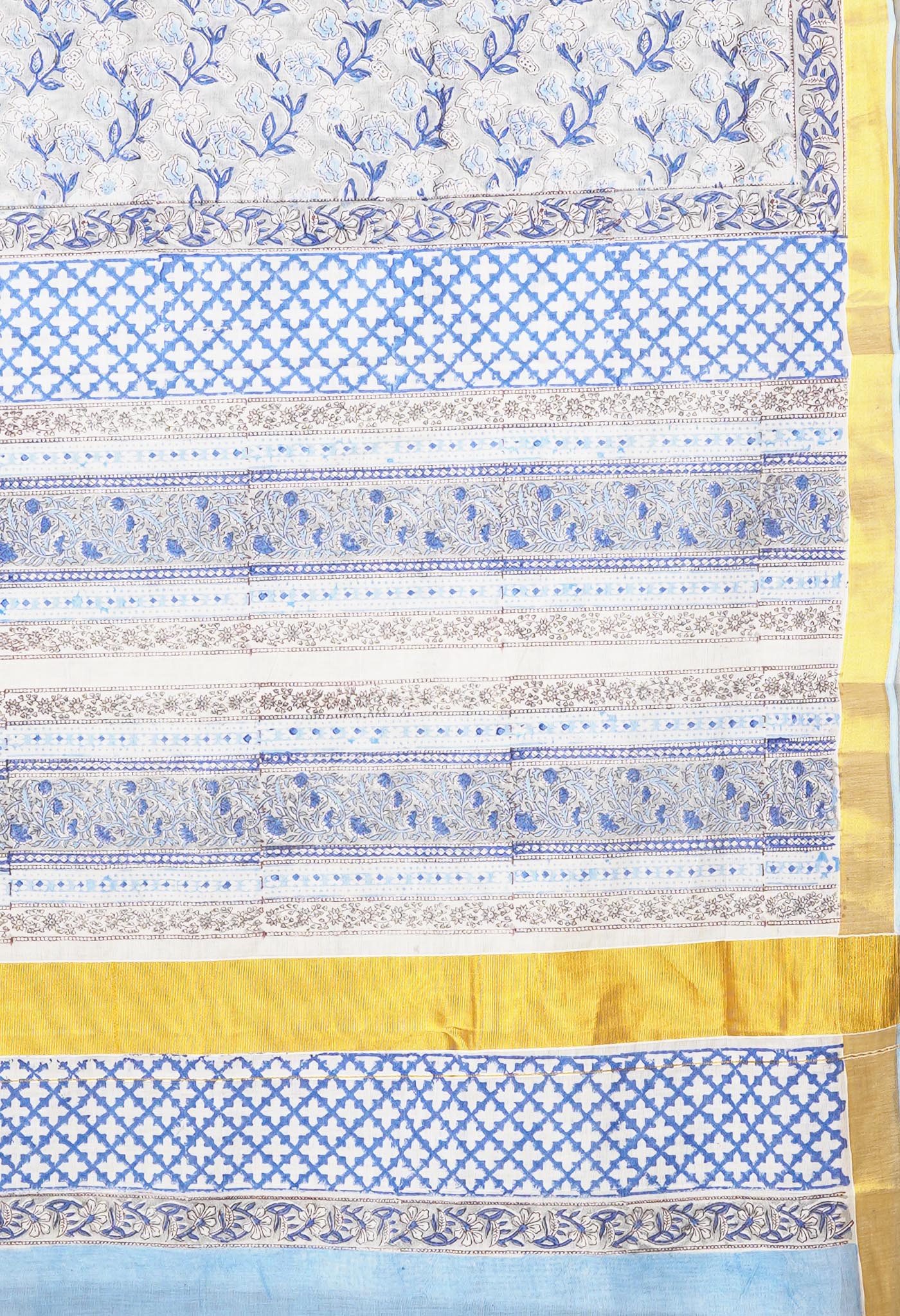 White-Blue Pure Hand Block Printed Soft Mulmul Cotton Saree-UNM82049