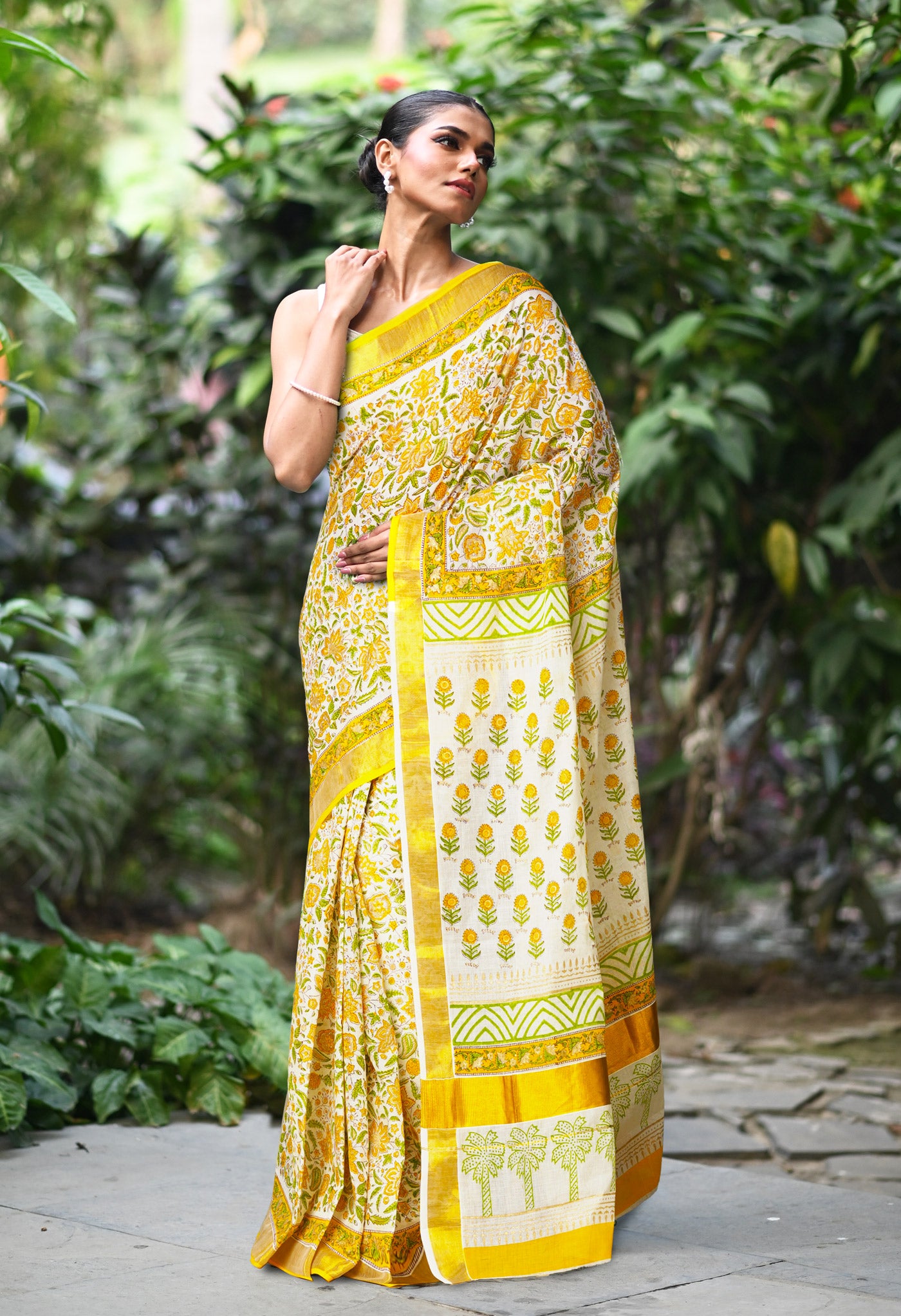 White-Yellow Pure Hand Block Printed Soft Mulmul Cotton Saree-UNM82050