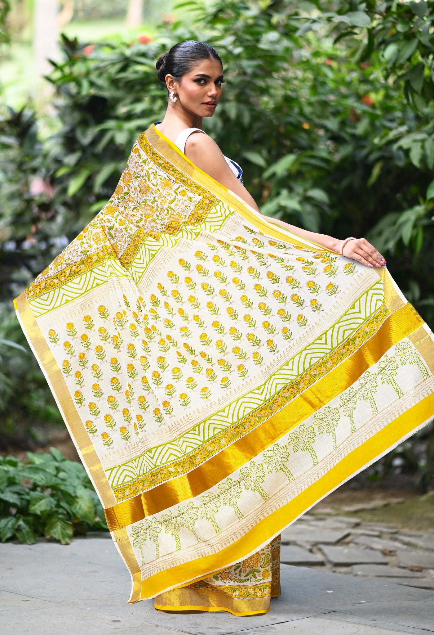White-Yellow Pure Hand Block Printed Soft Mulmul Cotton Saree-UNM82050