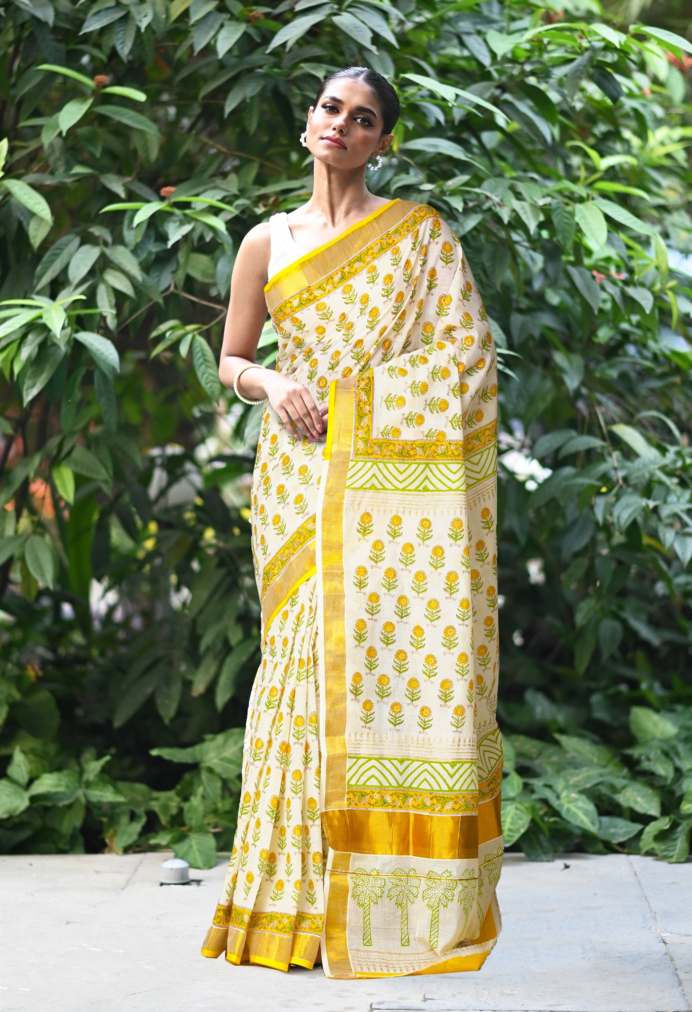 White-Yellow Pure Hand Block Printed Soft Mulmul Cotton Saree-UNM82051