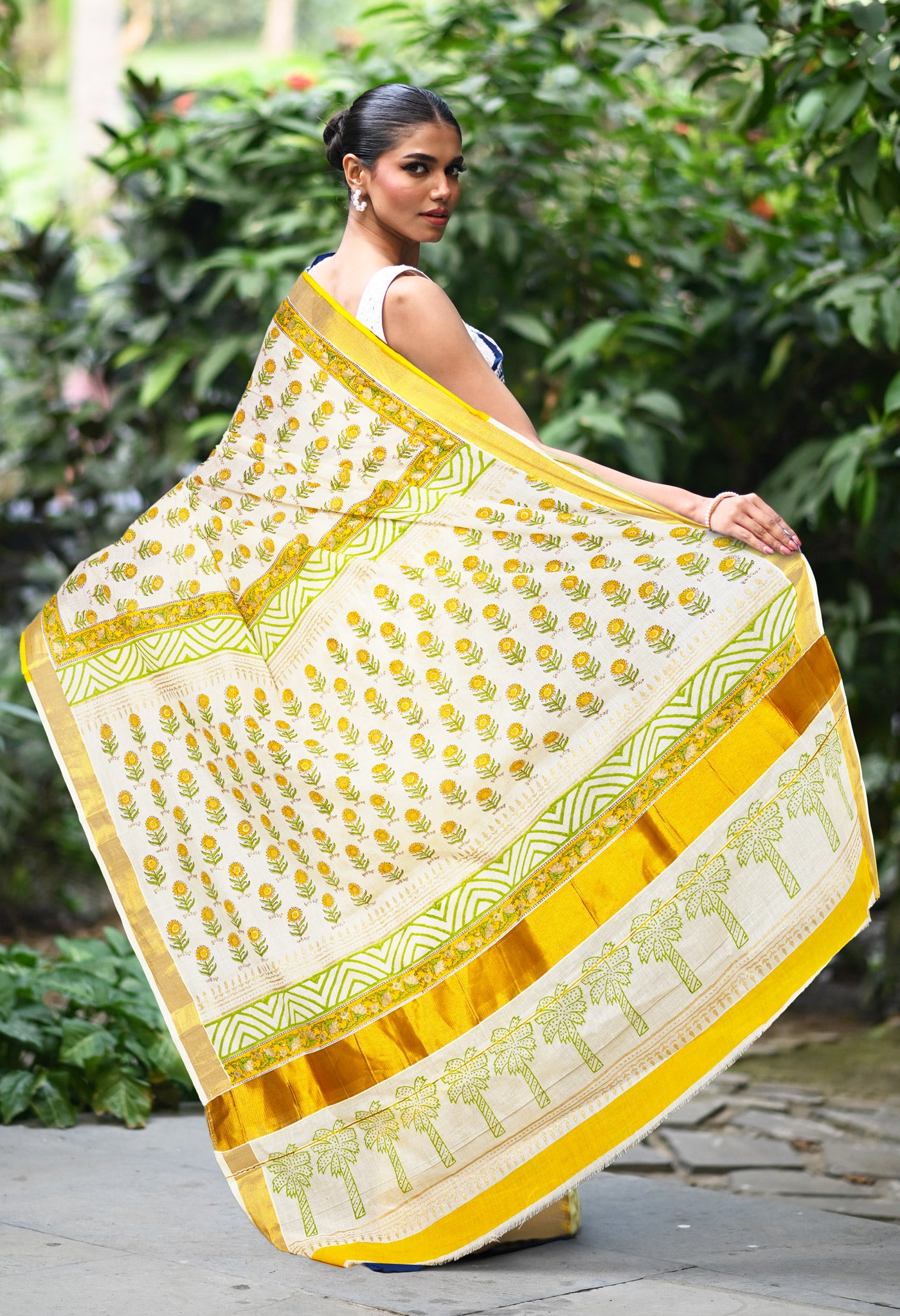 White-Yellow Pure Hand Block Printed Soft Mulmul Cotton Saree-UNM82051