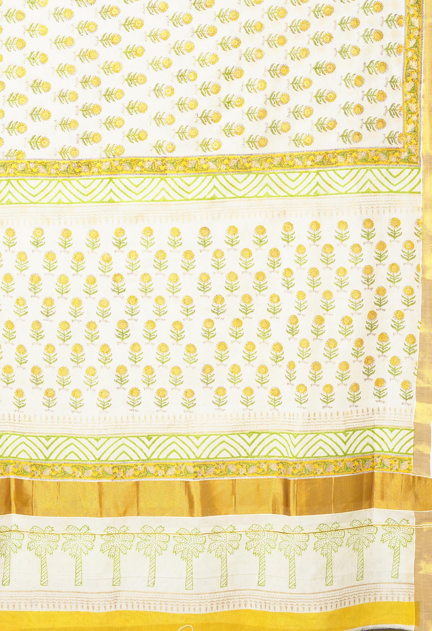 White-Yellow Pure Hand Block Printed Soft Mulmul Cotton Saree-UNM82051