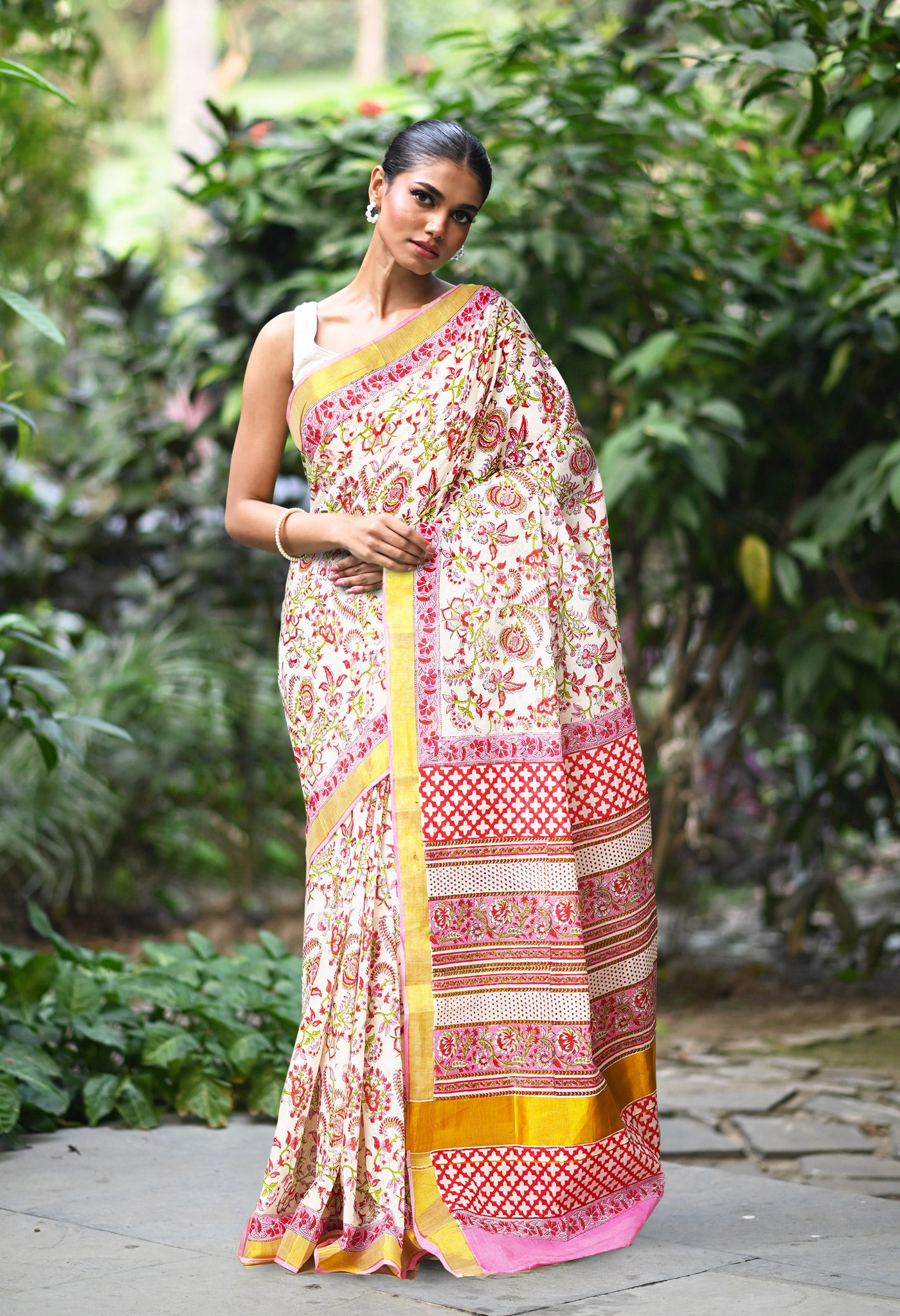 White-Pink Pure Hand Block Printed Soft Mulmul Cotton Saree-UNM82052