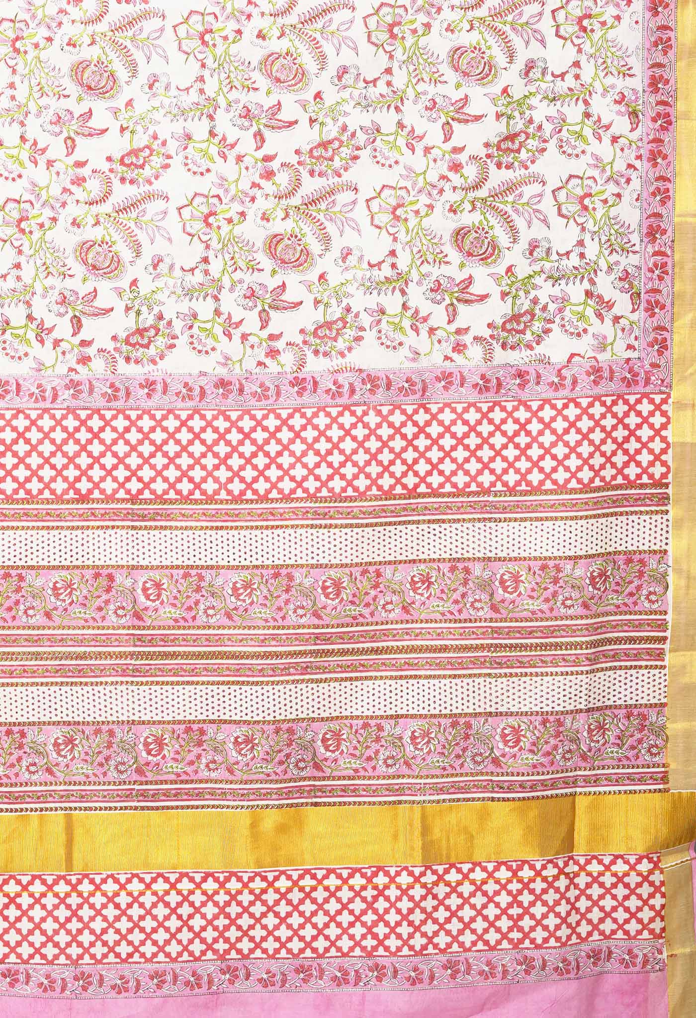 White-Pink Pure Hand Block Printed Soft Mulmul Cotton Saree-UNM82052