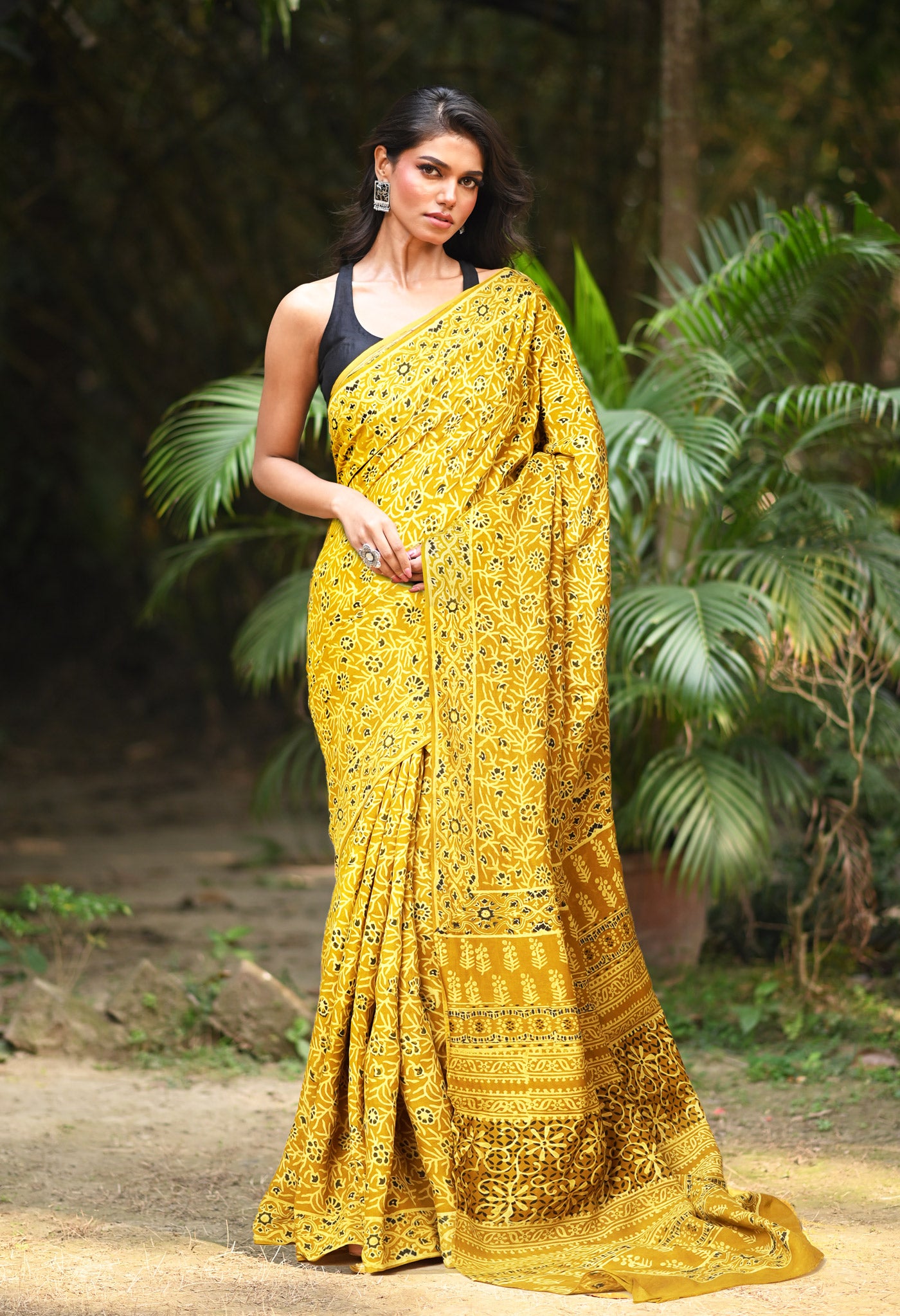 Yellow Pure Ajrakh Printed Cotton Saree-UNM82059