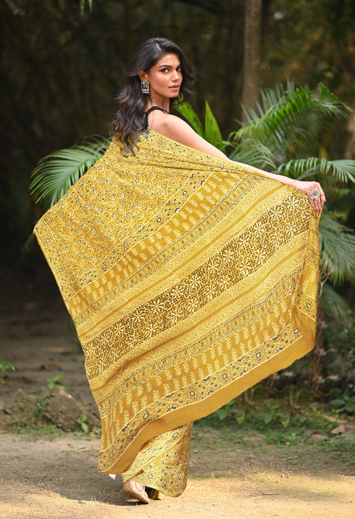 Yellow Pure Ajrakh Printed Cotton Saree-UNM82059