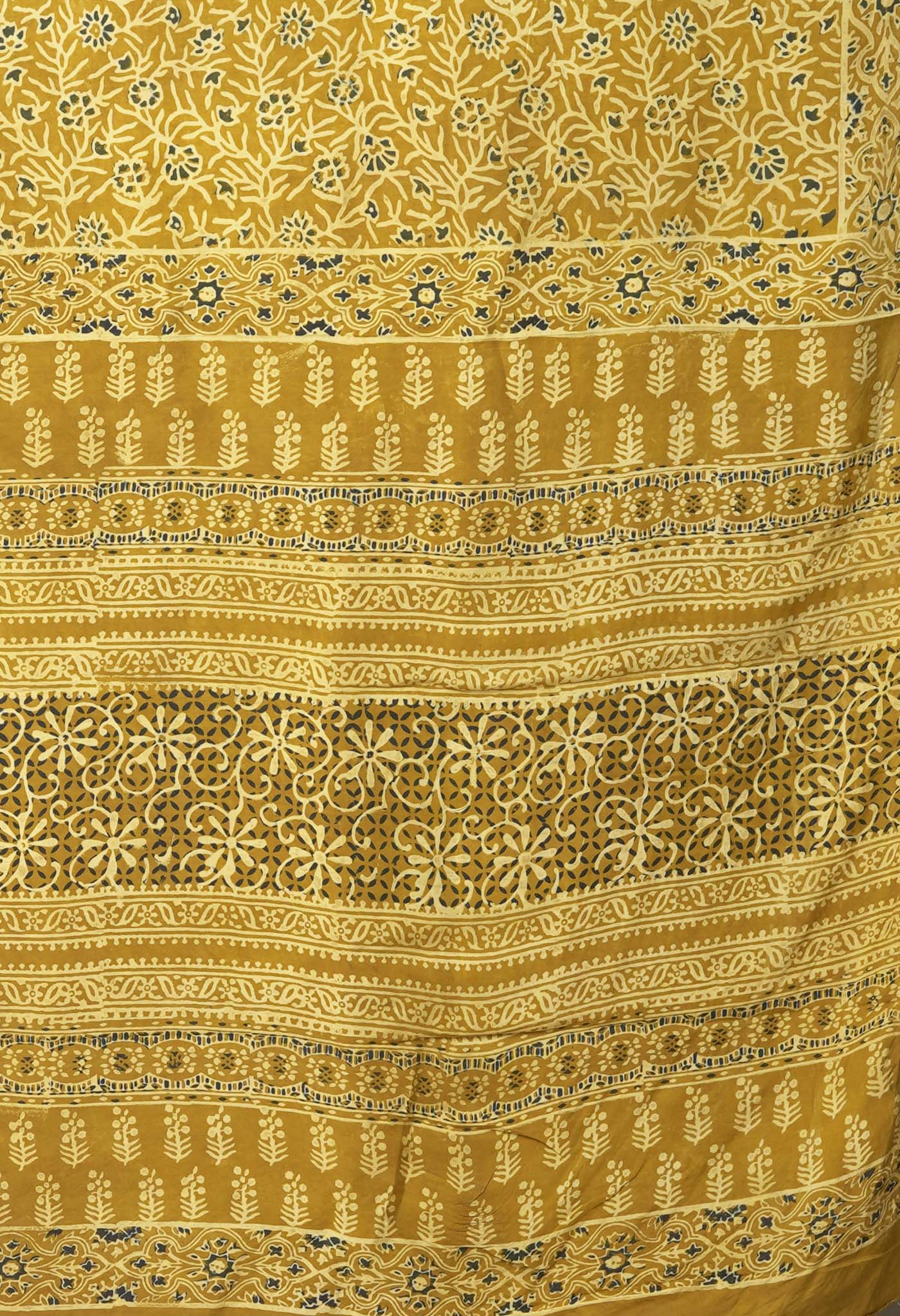 Yellow Pure Ajrakh Printed Cotton Saree-UNM82059