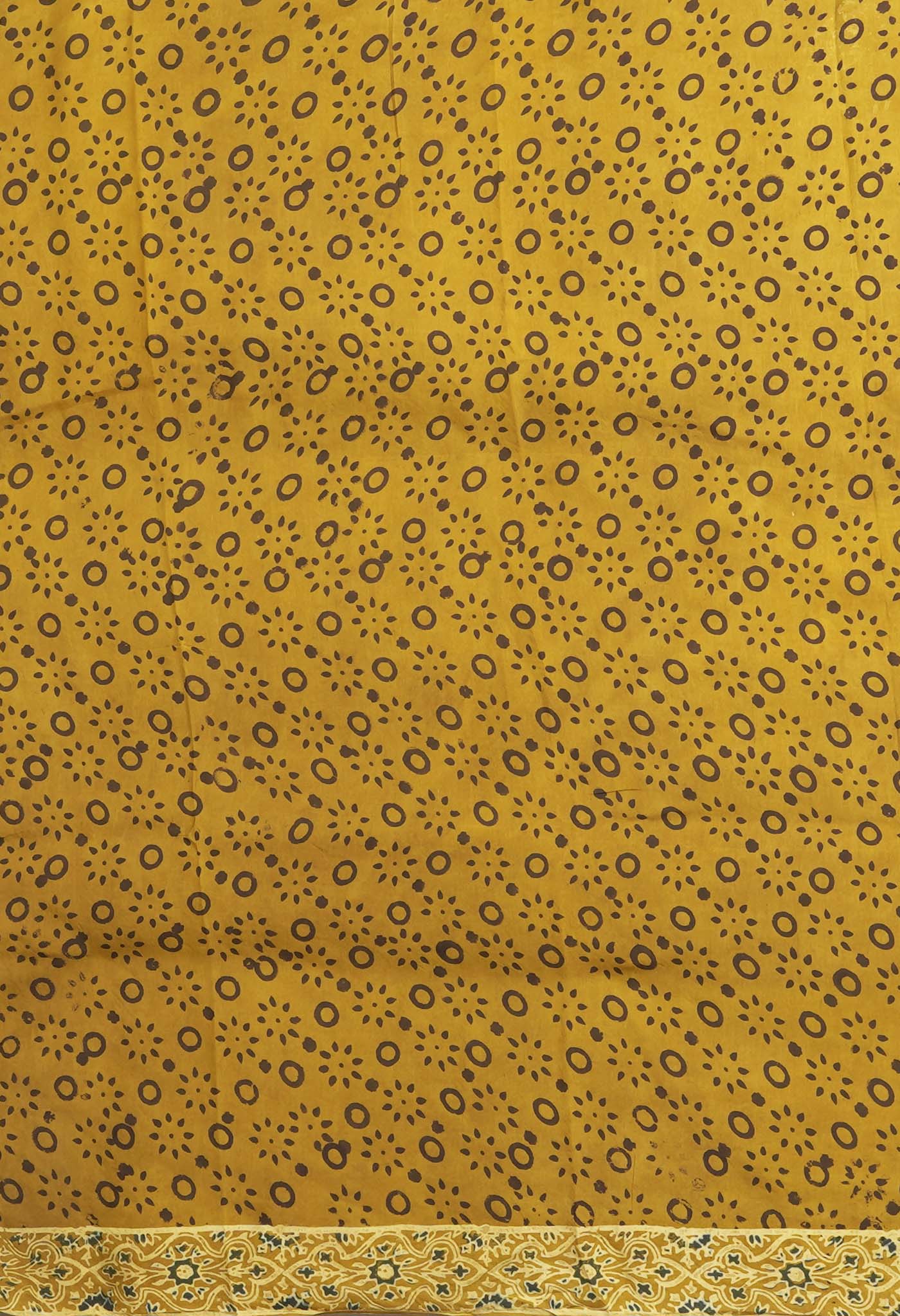Yellow Pure Ajrakh Printed Cotton Saree-UNM82059