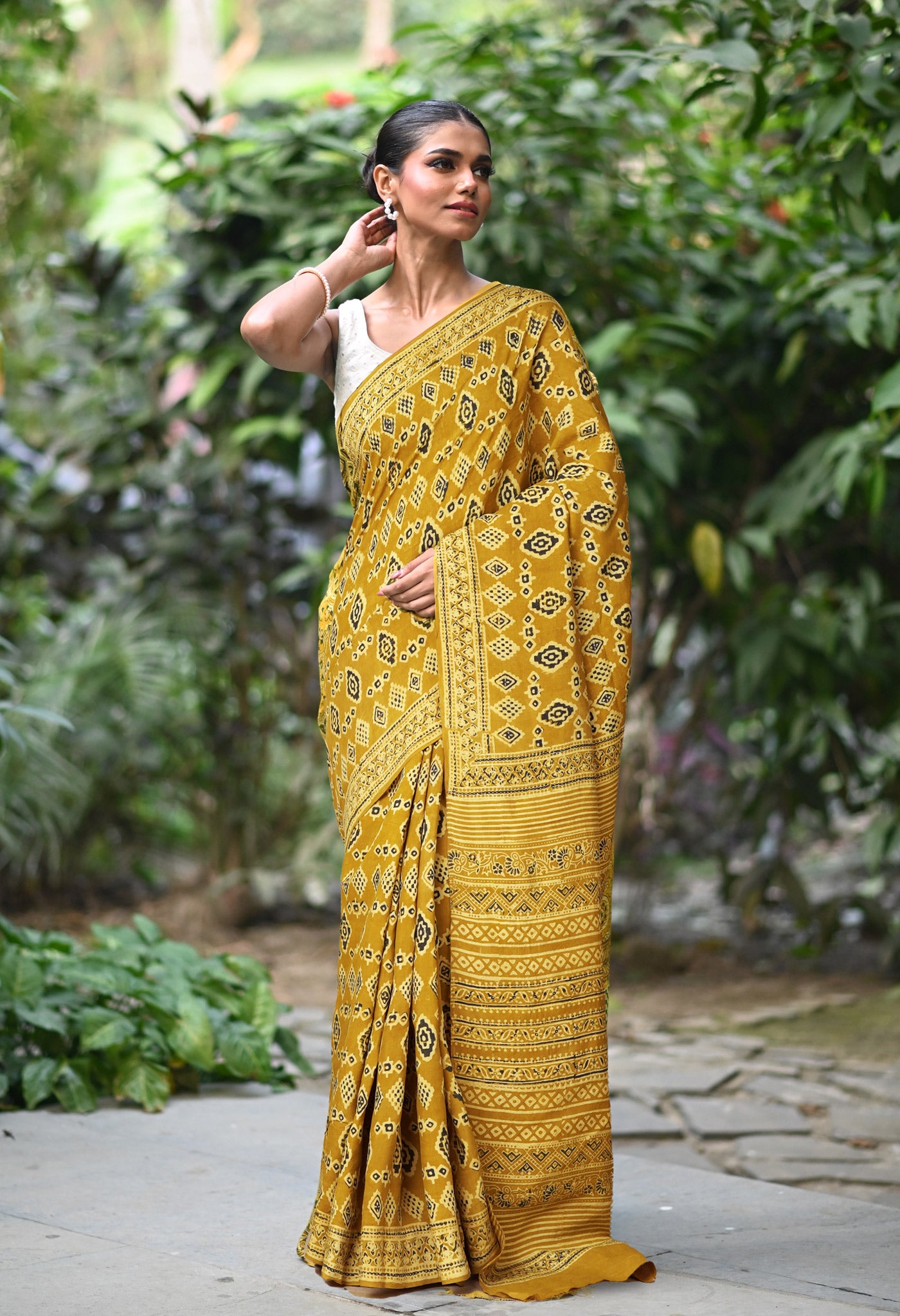 Yellow Pure Ajrakh Printed Uppada Sico Saree-UNM82062