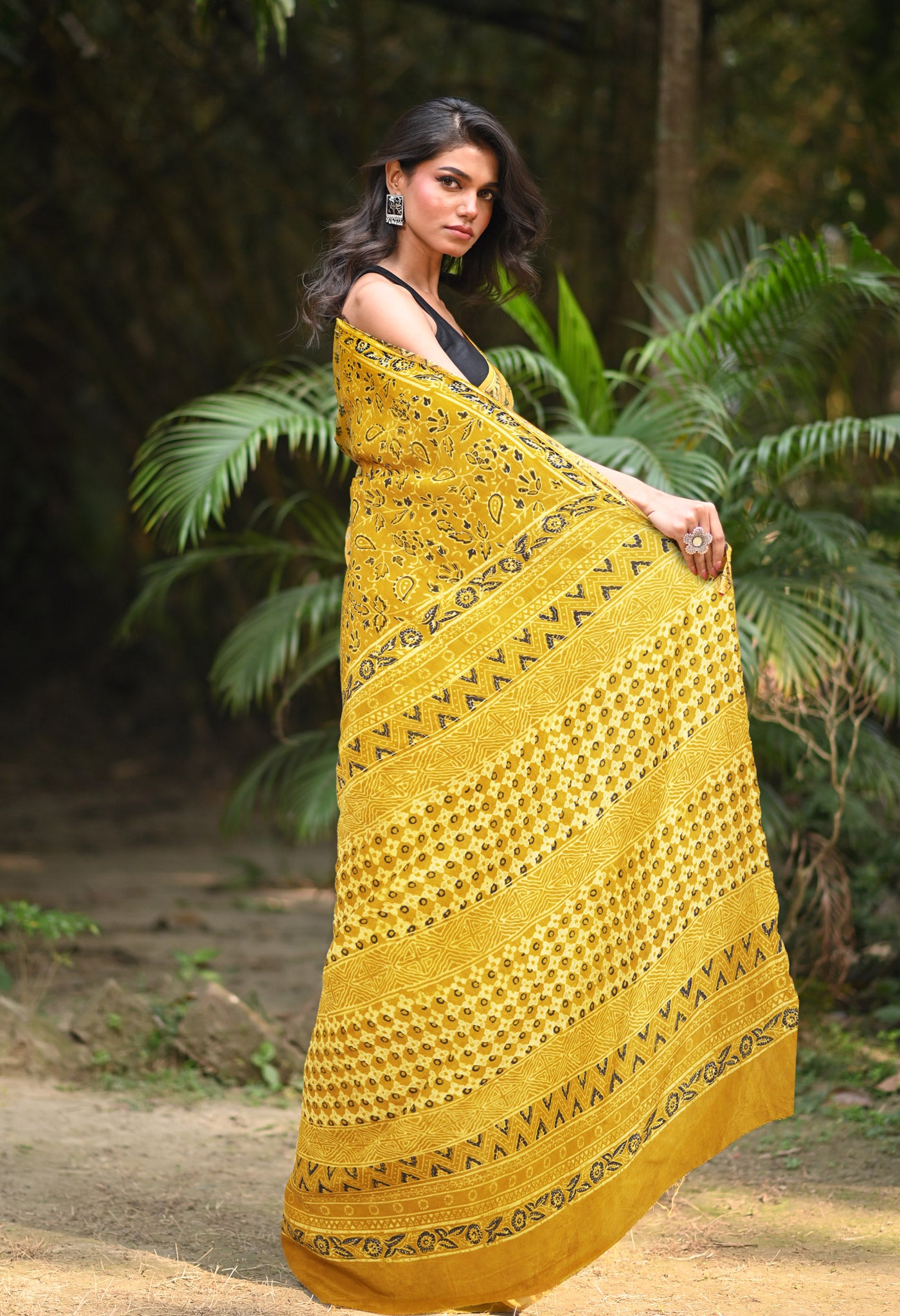 Yellow Pure Ajrakh Printed Uppada Sico Saree-UNM82063
