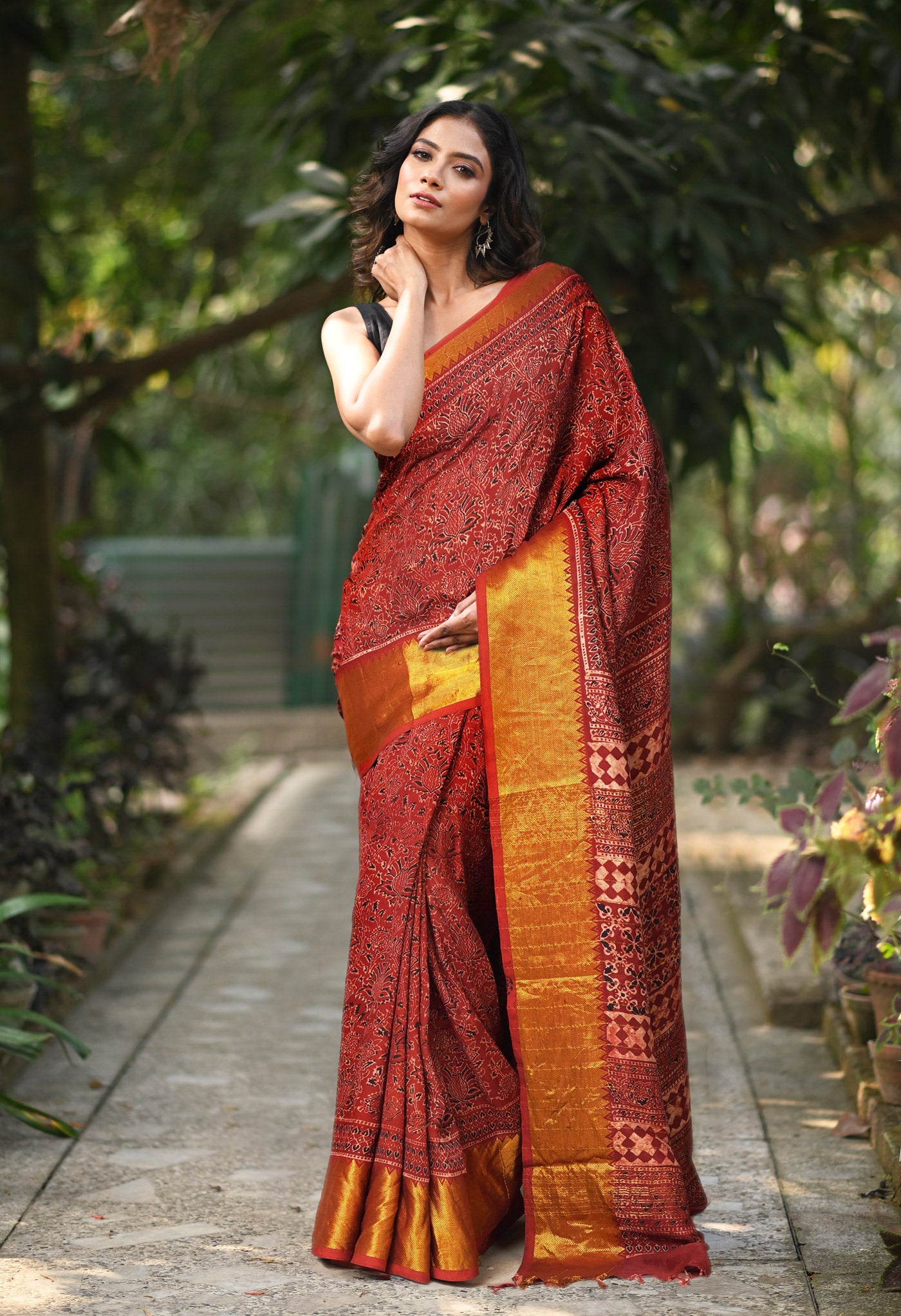 Red Pure Ajrakh Printed Soft Silk Saree-UNM82090