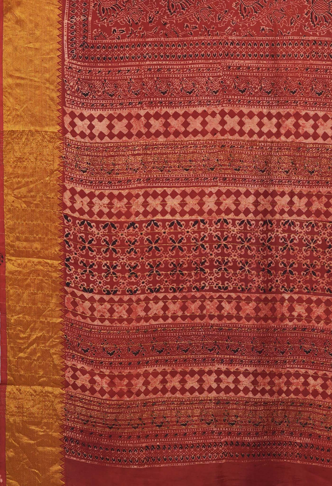 Red Pure Ajrakh Printed Soft Silk Saree-UNM82090