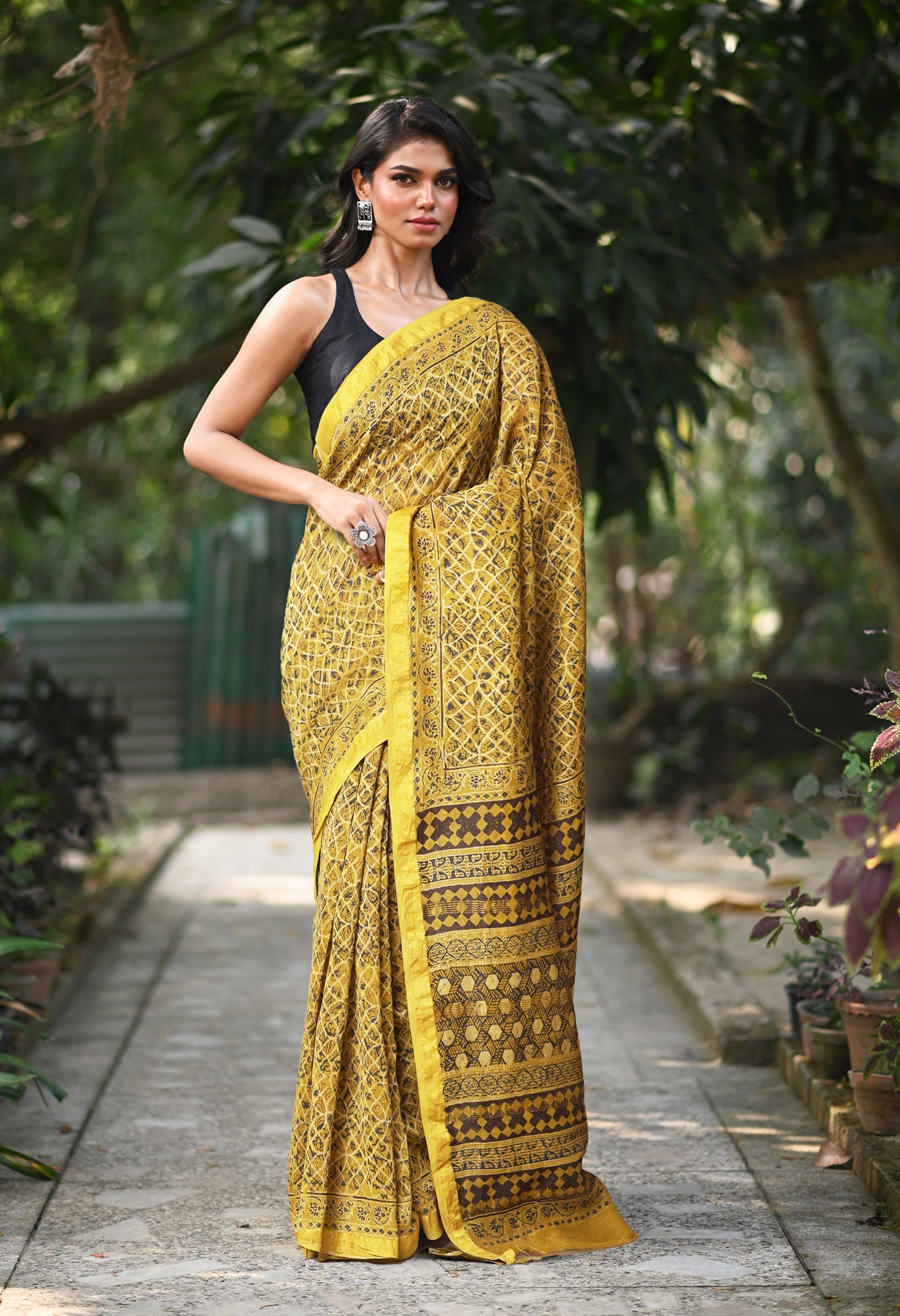 Yellow Pure Ajrakh Printed Maheshwari Soft Silk Saree-UNM82098
