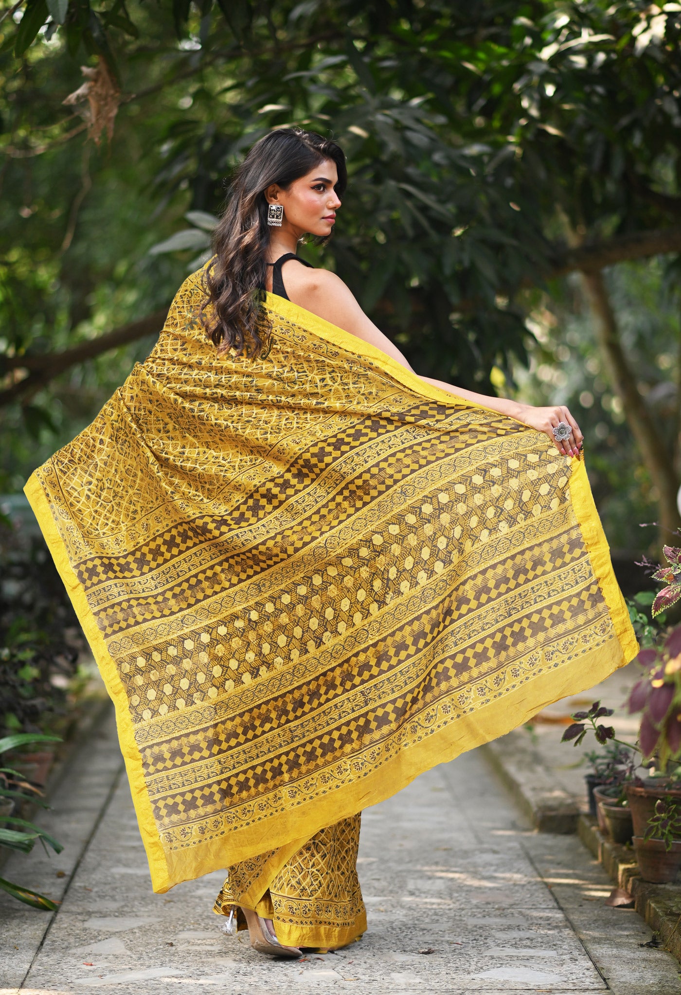 Yellow Pure Ajrakh Printed Maheshwari Soft Silk Saree-UNM82098