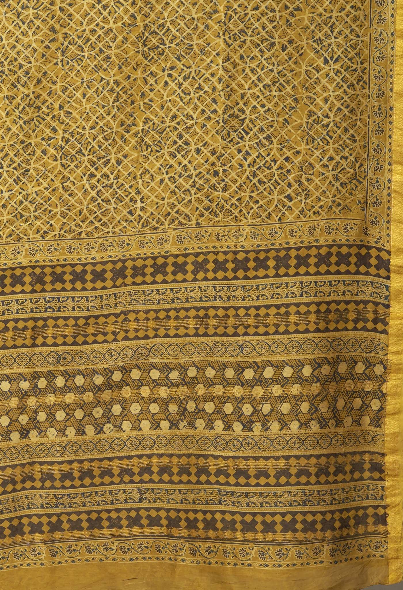 Yellow Pure Ajrakh Printed Maheshwari Soft Silk Saree-UNM82098