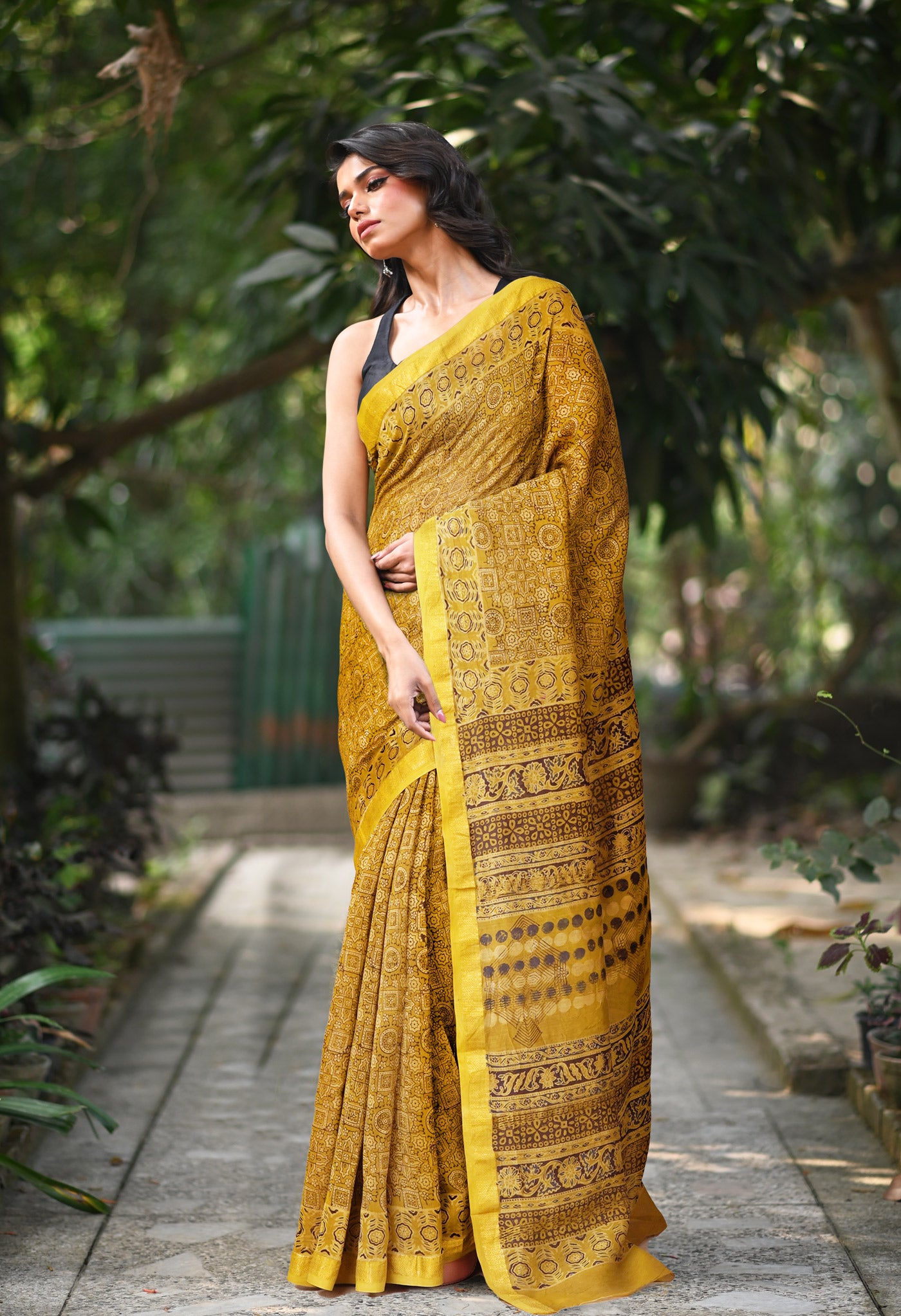 Yellow Pure Ajrakh Printed Maheshwari Soft Silk Saree-UNM82099