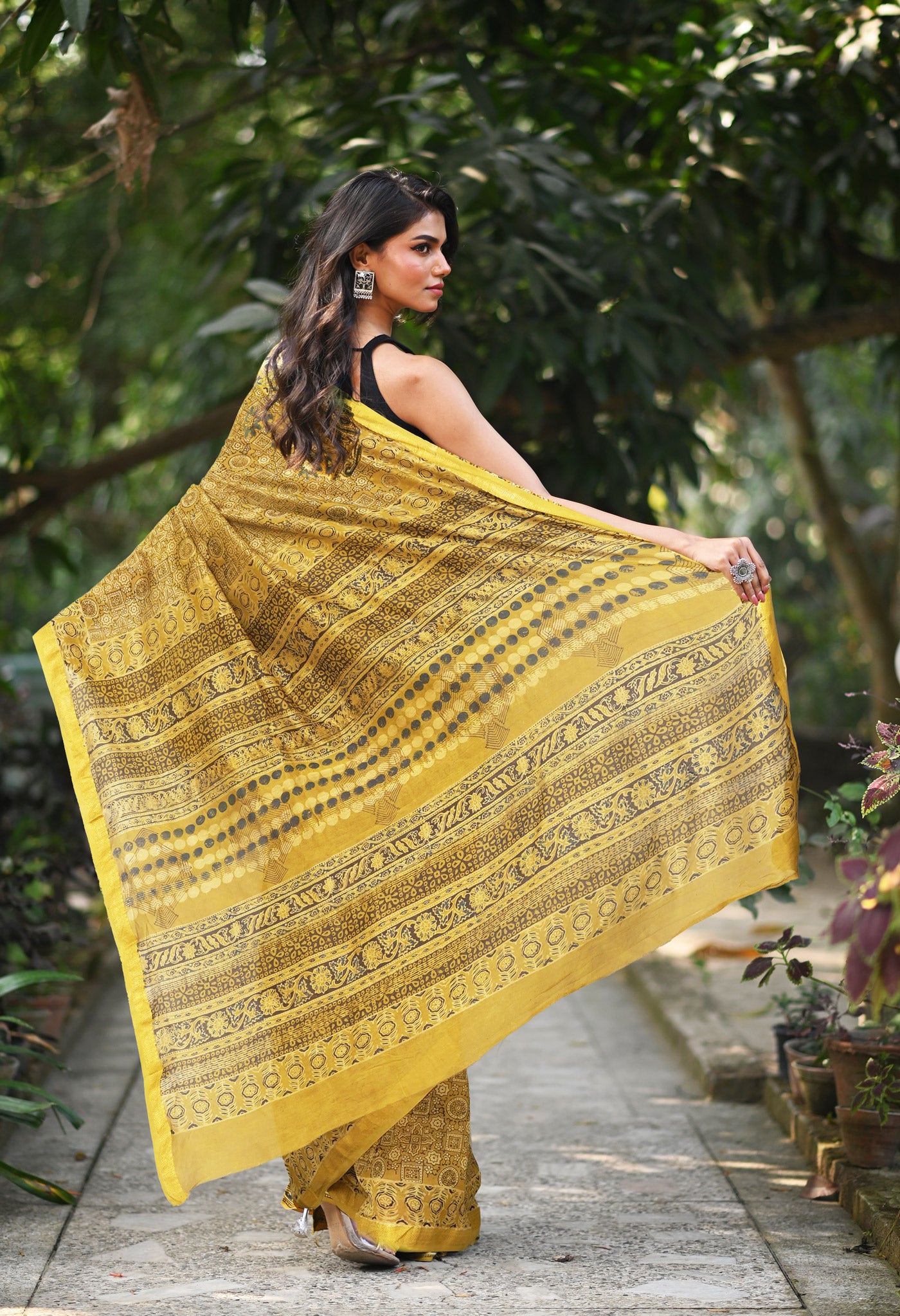 Yellow Pure Ajrakh Printed Maheshwari Soft Silk Saree-UNM82099