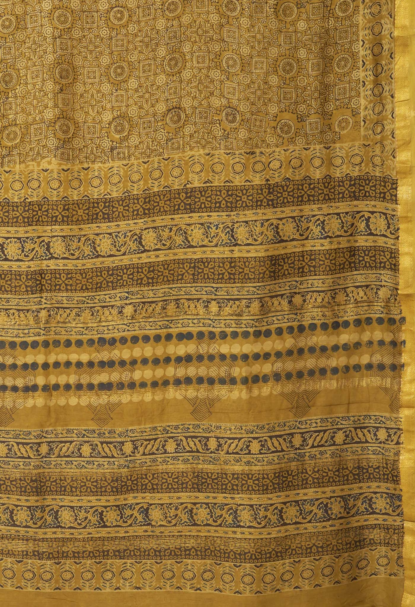Yellow Pure Ajrakh Printed Maheshwari Soft Silk Saree-UNM82099