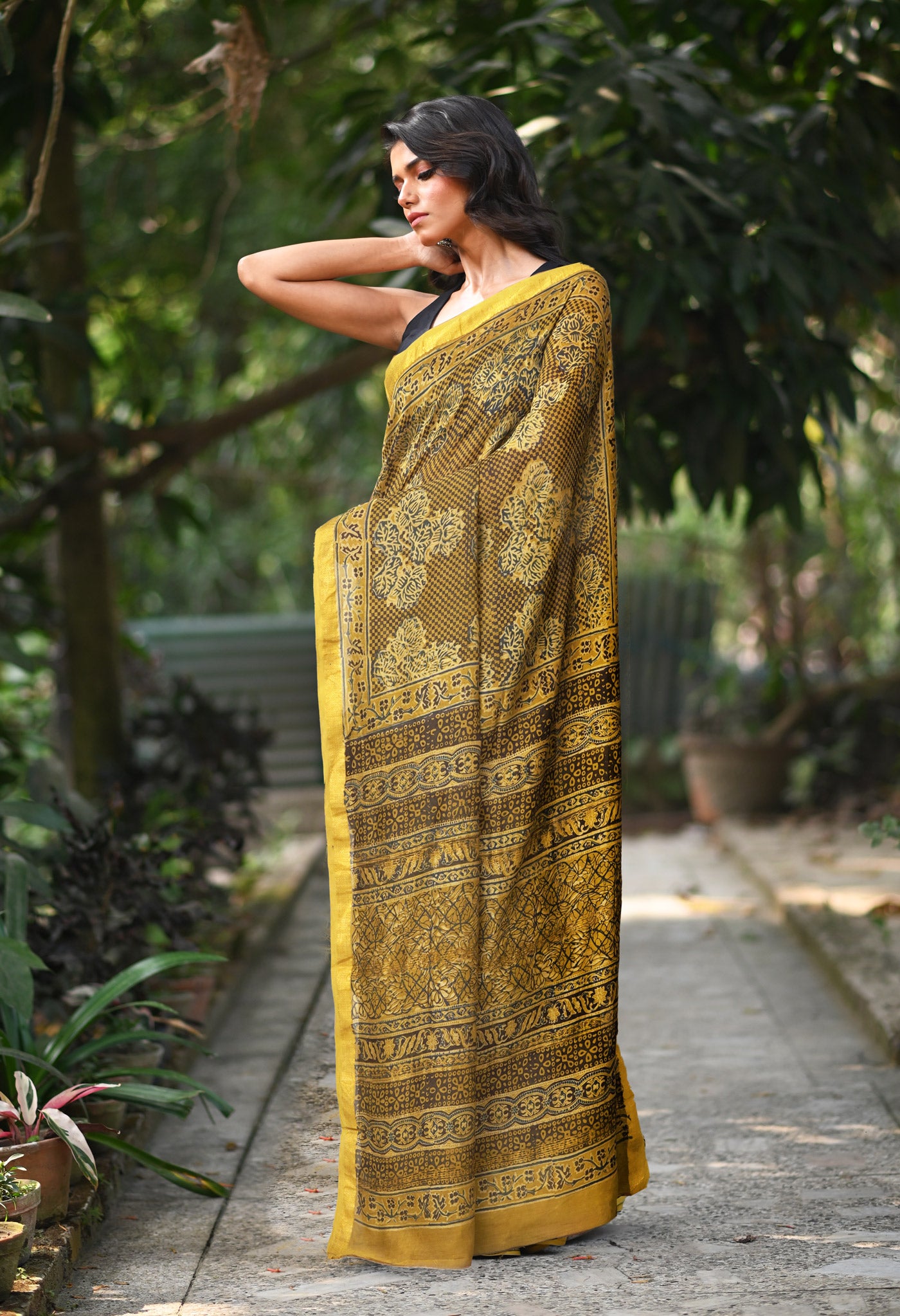 Yellow Pure Ajrakh Printed Maheshwari Soft Silk Saree-UNM82100