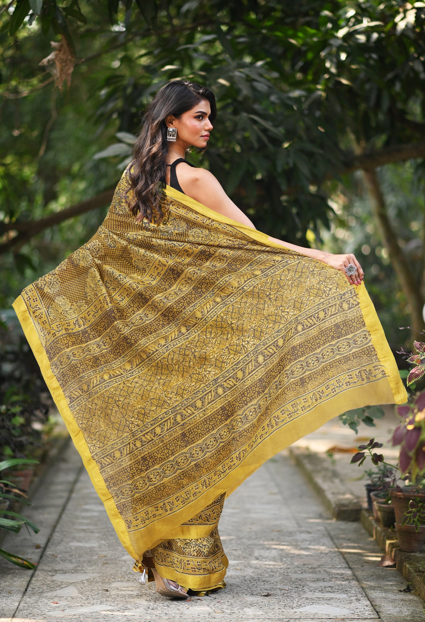 Yellow Pure Ajrakh Printed Maheshwari Soft Silk Saree-UNM82100