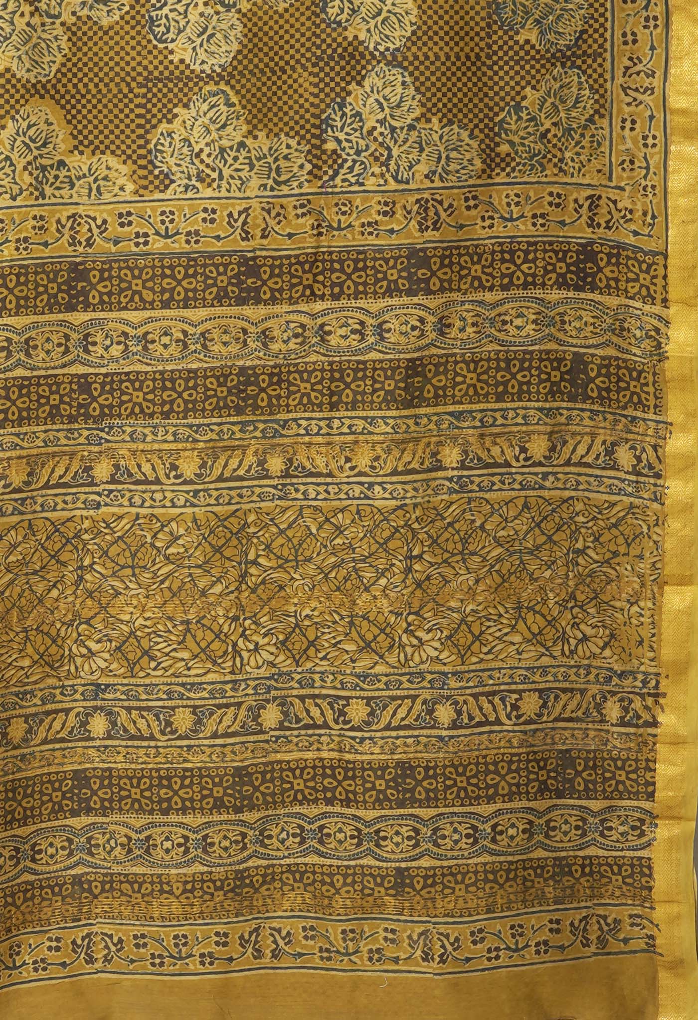 Yellow Pure Ajrakh Printed Maheshwari Soft Silk Saree-UNM82100