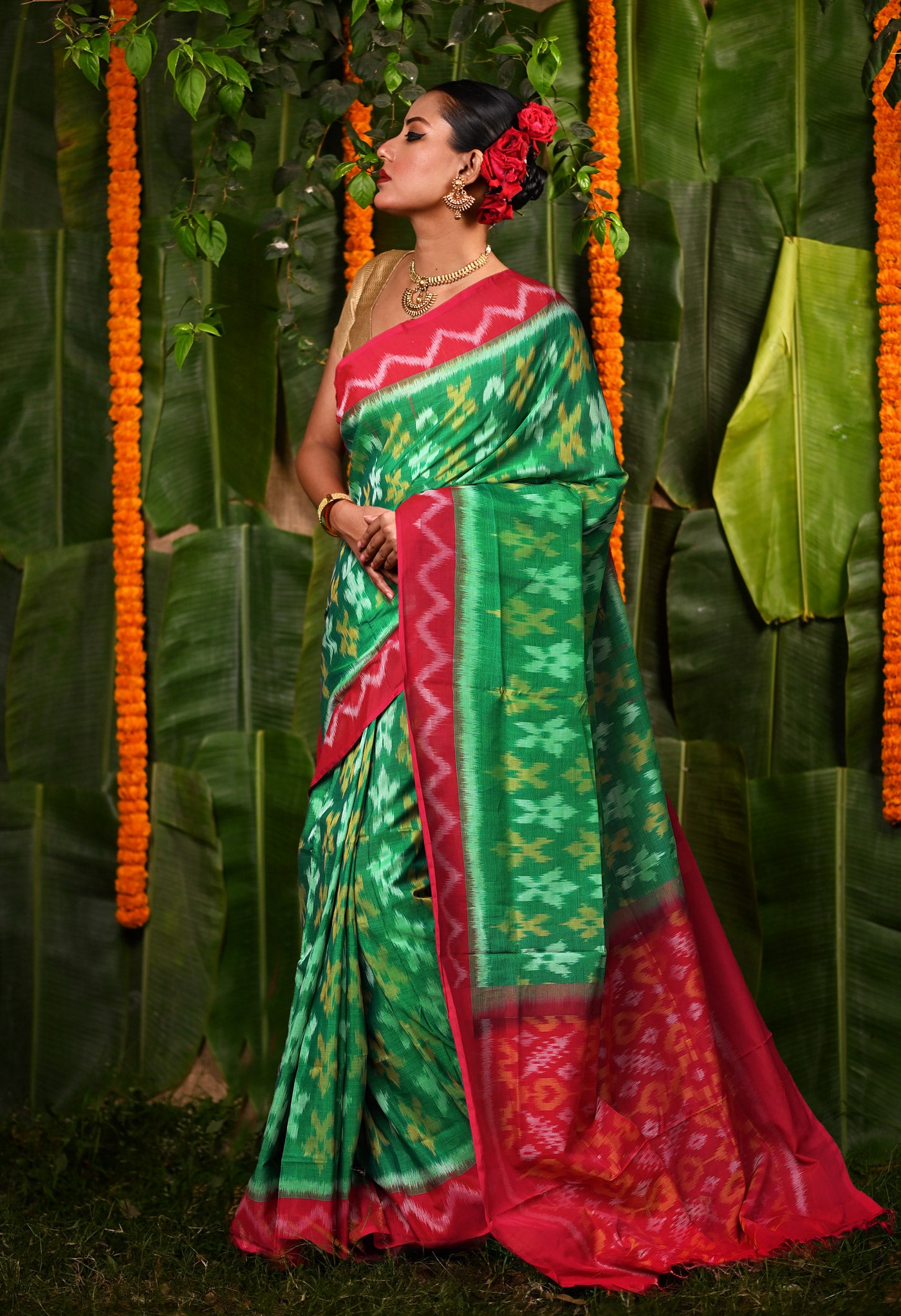 Green-Pink Pure Pochampally Mercerized Cotton Silk Saree-UNM82107
